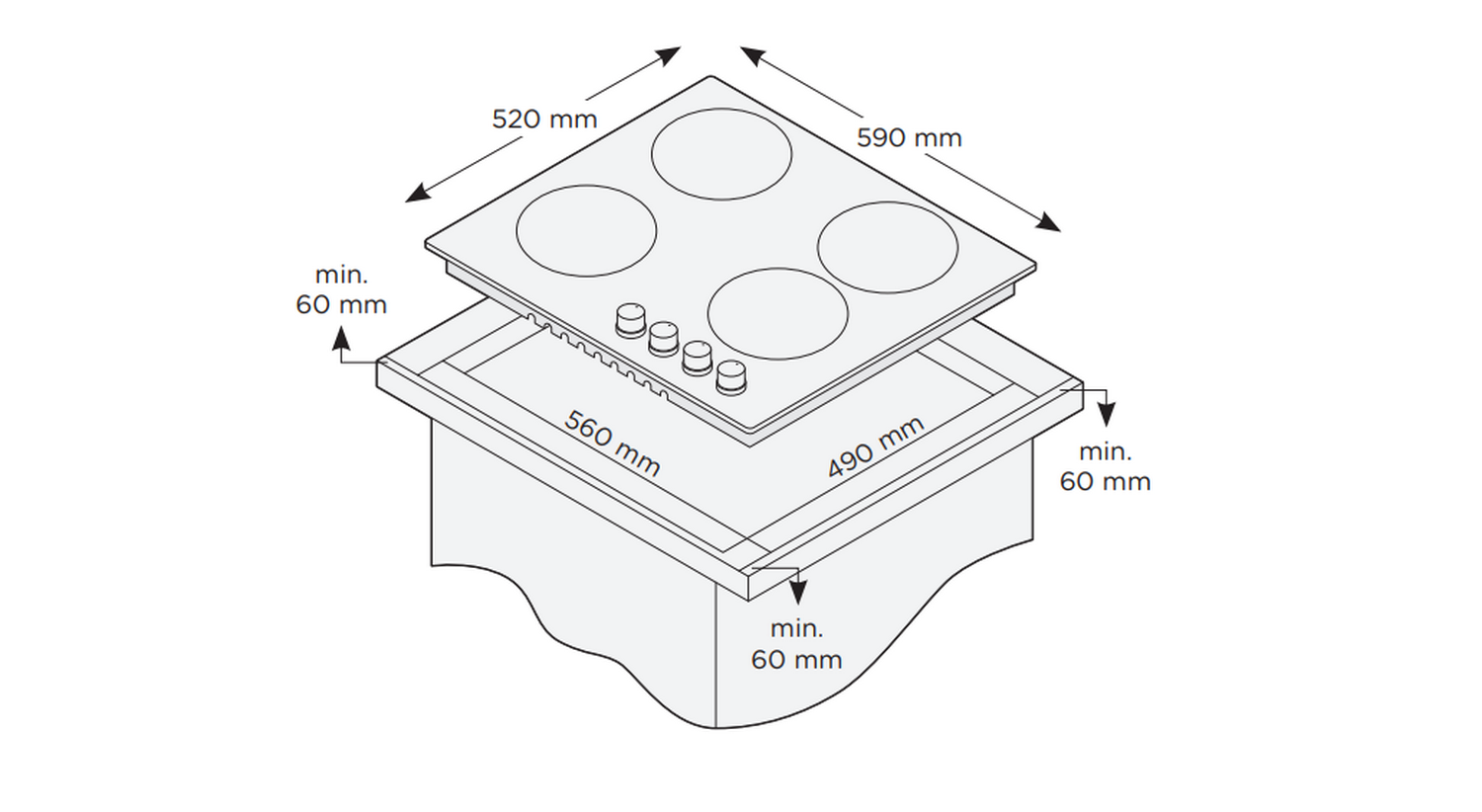 Diagrama de una placa de cocina con dimensiones, incluyendo la placa y medidas.