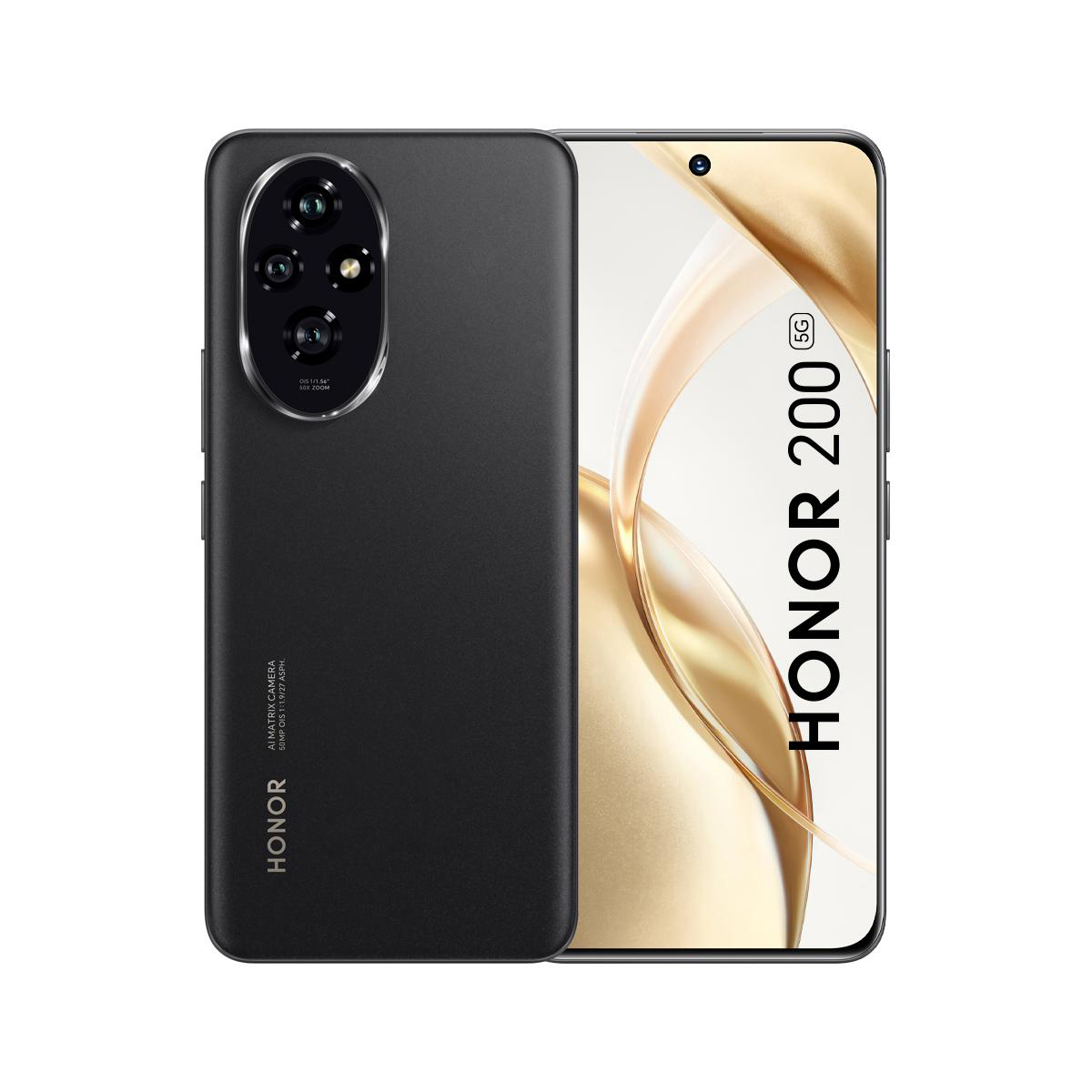 Schwarzes Honor 200 Telefon, mit Dreifach-Kamera und gebogenem Bildschirm.