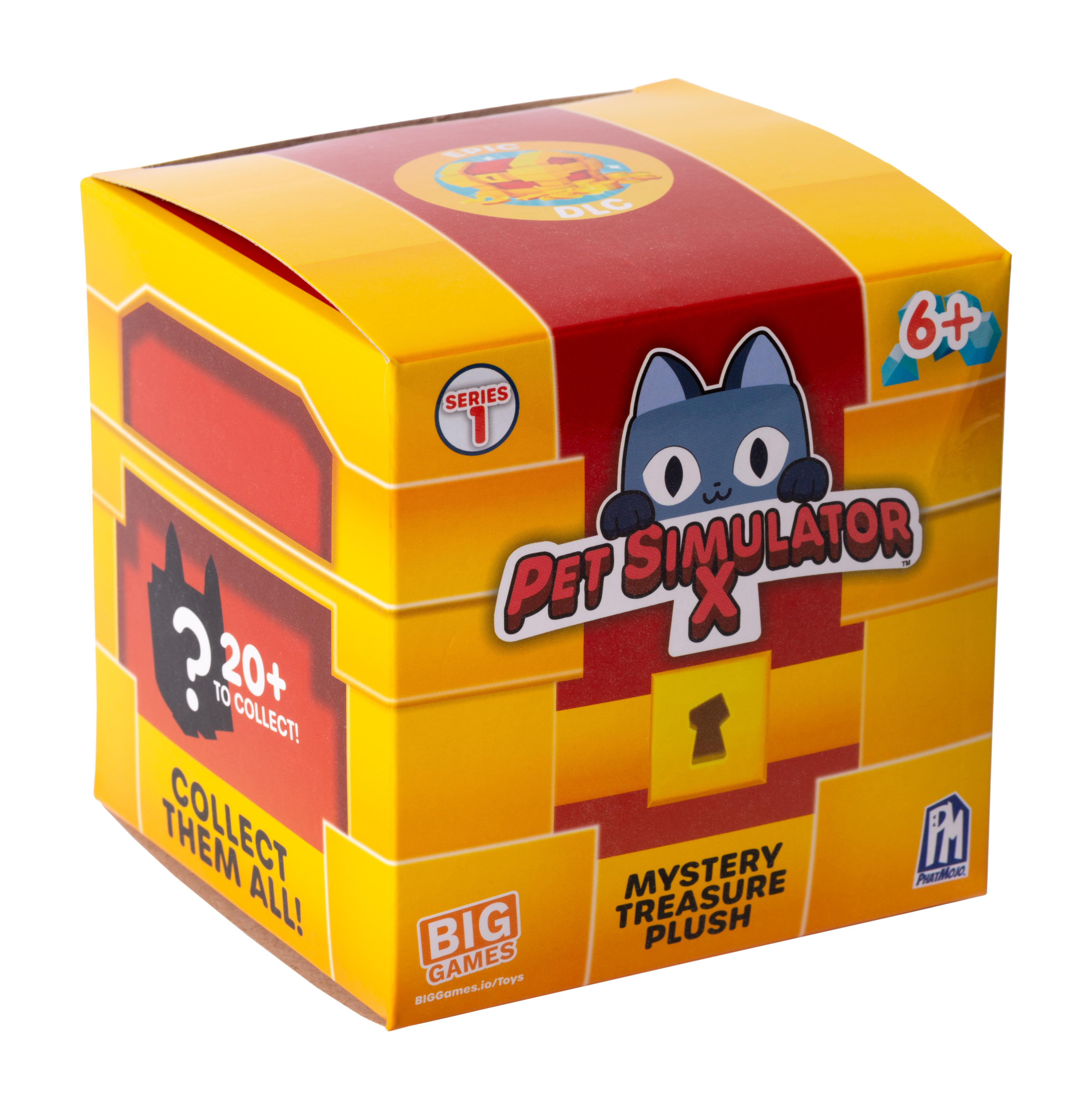 Eine gelbe Box mit „Pet Simulator X“-Branding und einem „Mystery Treasure Plush“-Etikett.