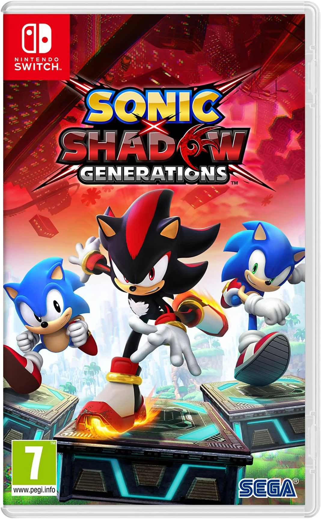 Pochette du jeu Sonic X Shadow Generations avec Sonic, Shadow et Sonic avec un fond rouge.