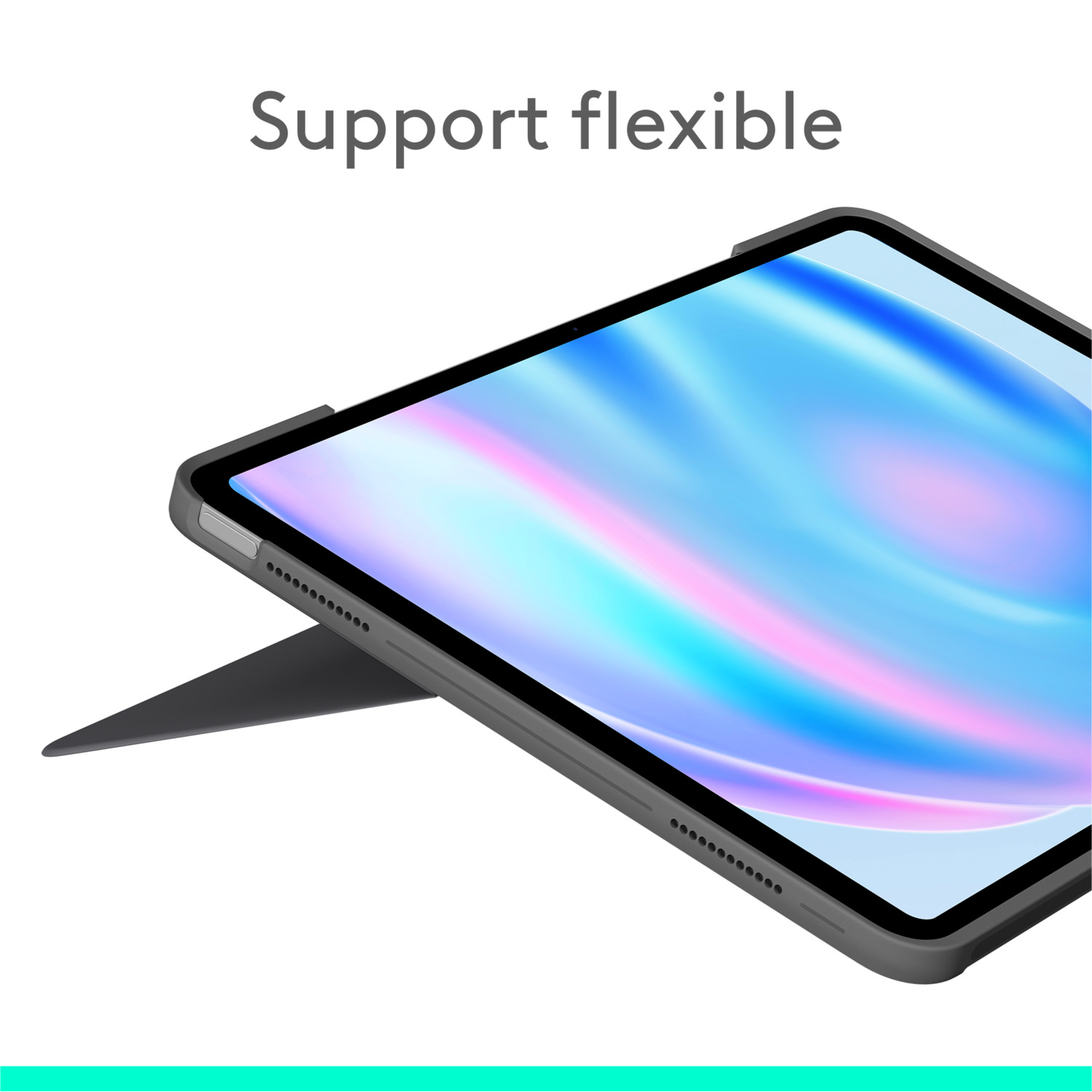 Tablette soutenue par un étui noir. L'écran de la tablette affiche un arrière-plan coloré.