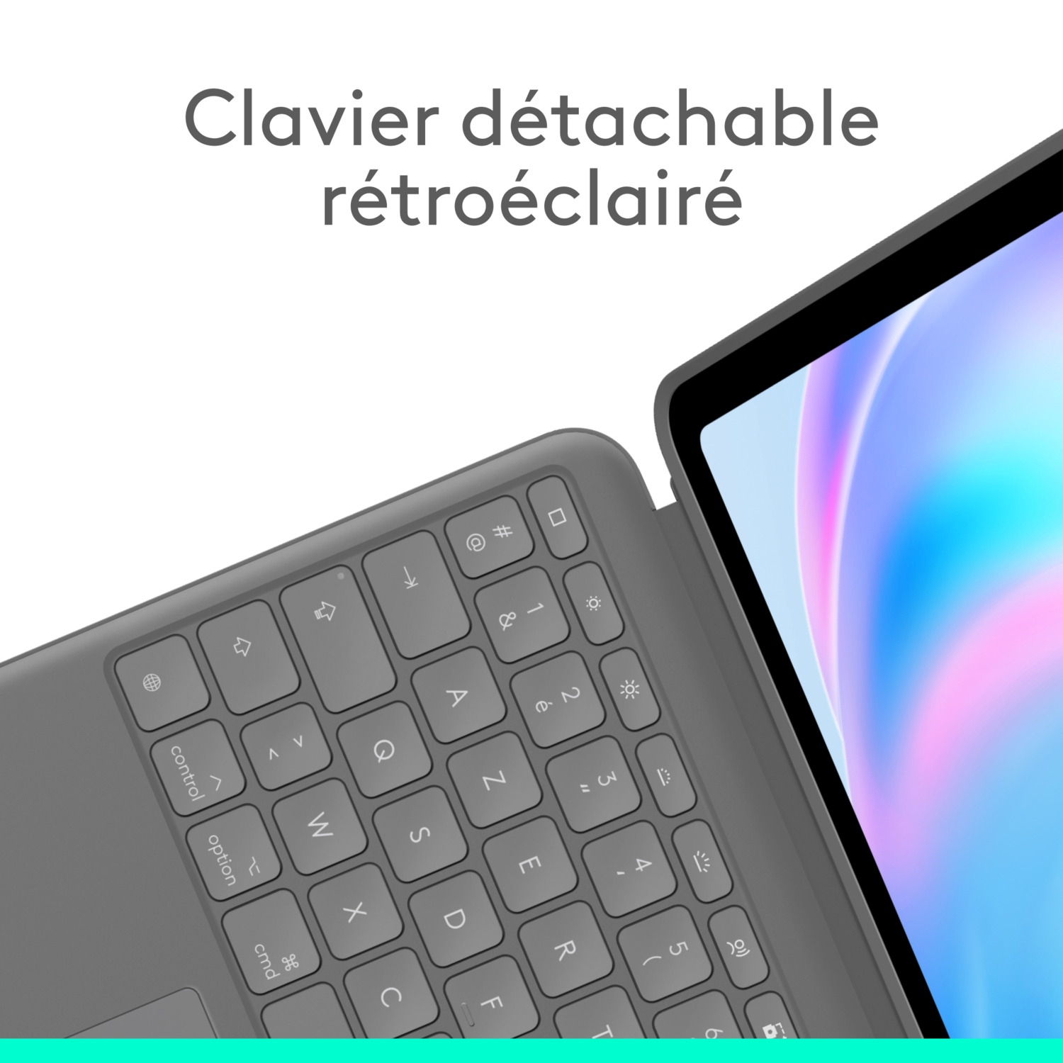 Gros plan d'un clavier gris avec touches rétroéclairées, incliné vers le coin supérieur droit. Texte : Clavier détachable.