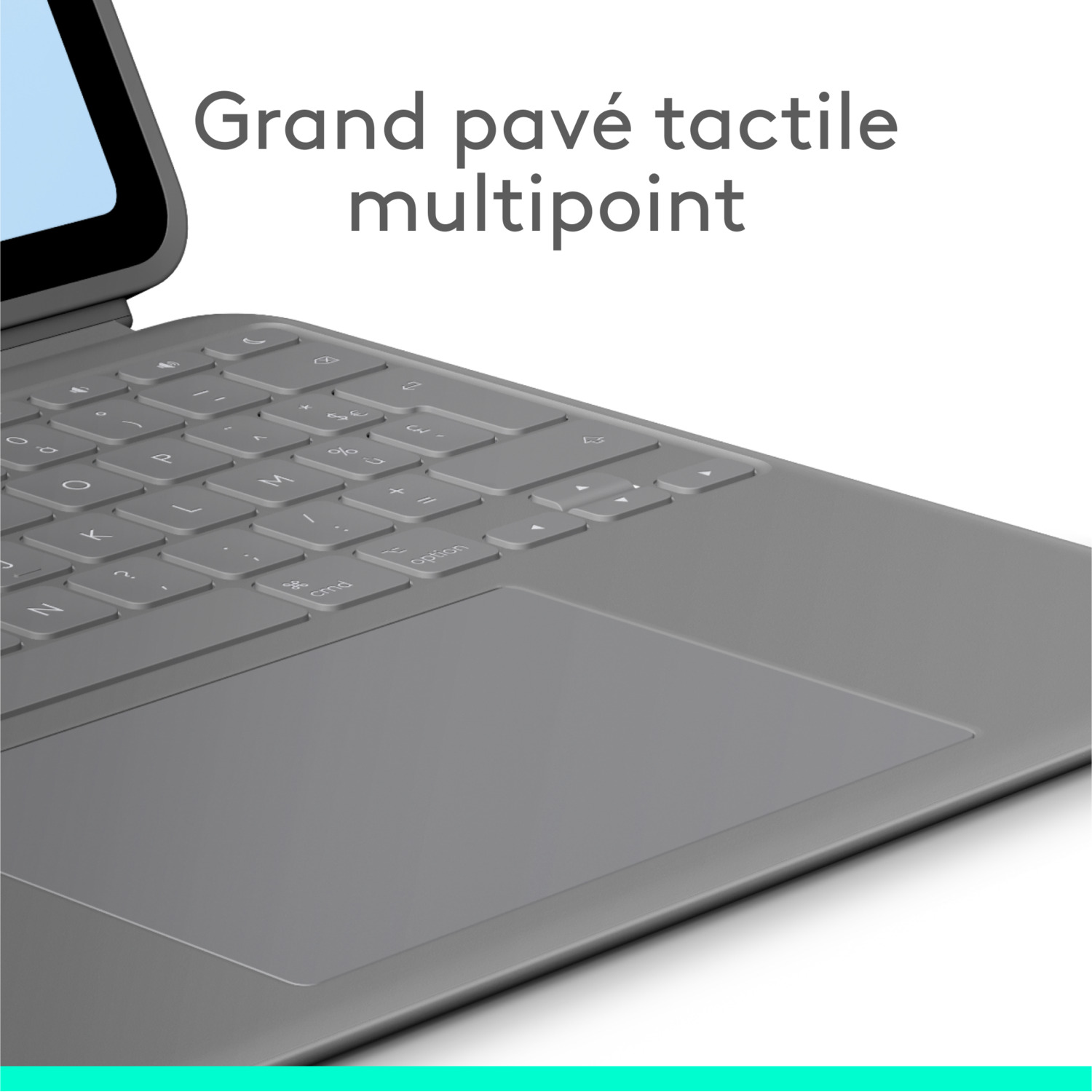 Gros plan sur clavier et trackpad, texte : 'Grand pavé tactile multipoint'.