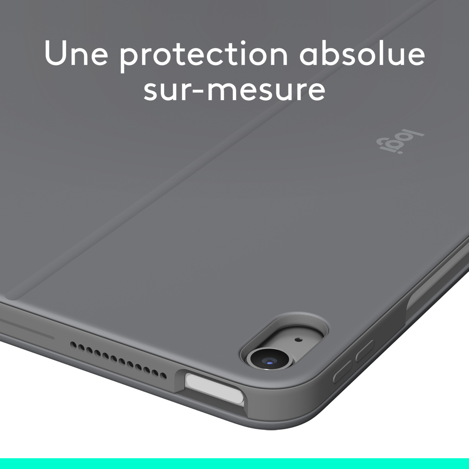 Étui de tablette gris avec texte. L'étui est fermé. Le logo est visible en haut à droite.