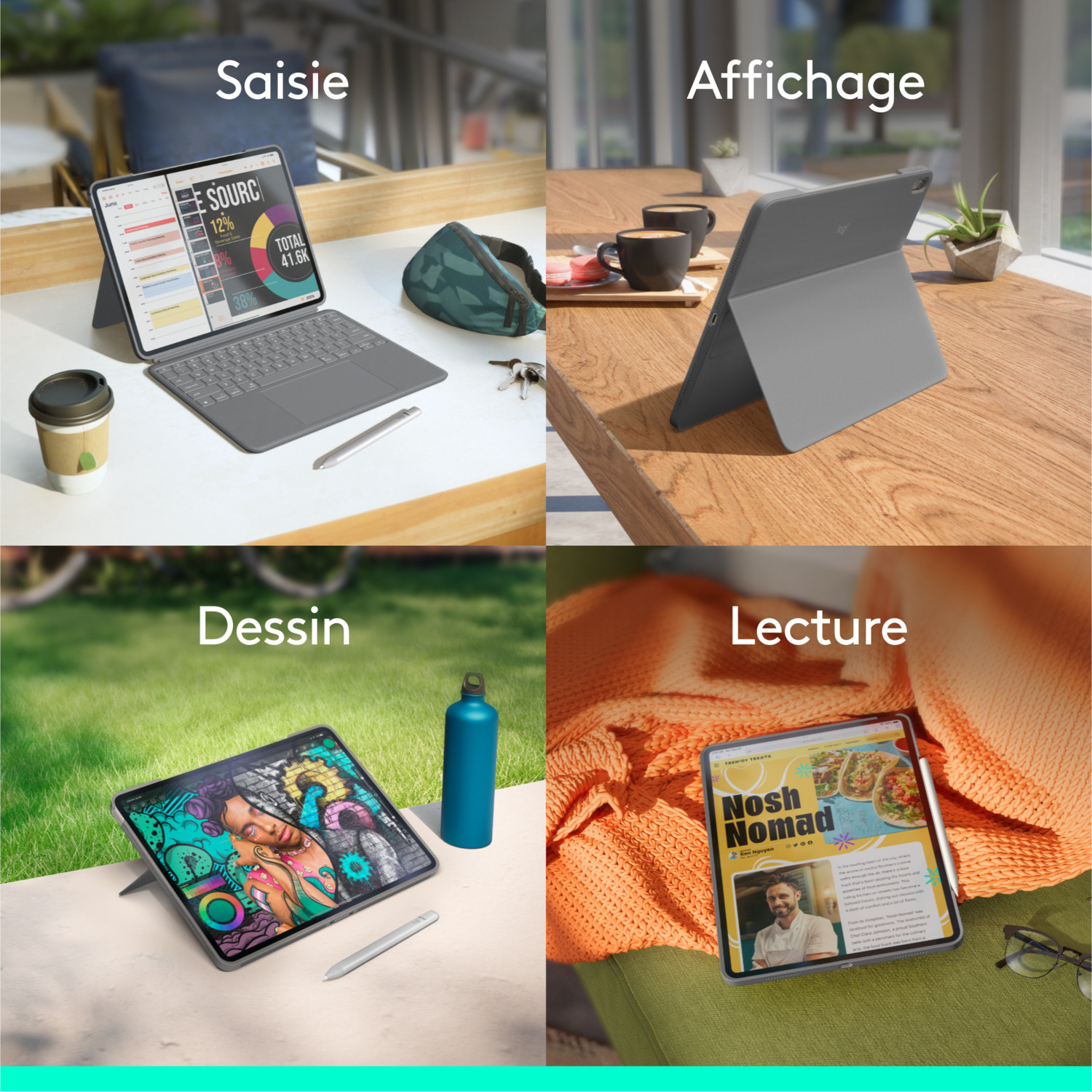 Quatre scènes d'une tablette en cours d'utilisation, montrant différentes applications : écriture, lecture et dessin.