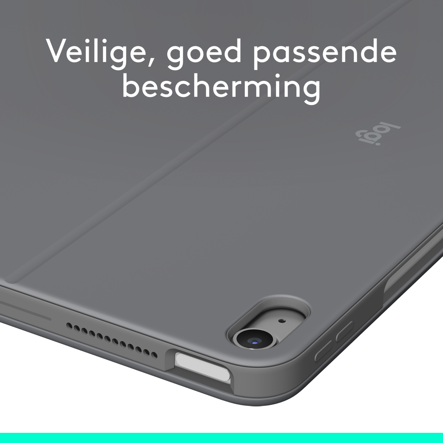 Close-up of a grey tablet case with a logo. Text: Safe, well-fitting protection.