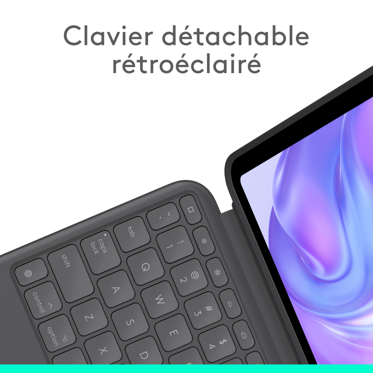 Une tablette avec un clavier détachable, en gros plan.