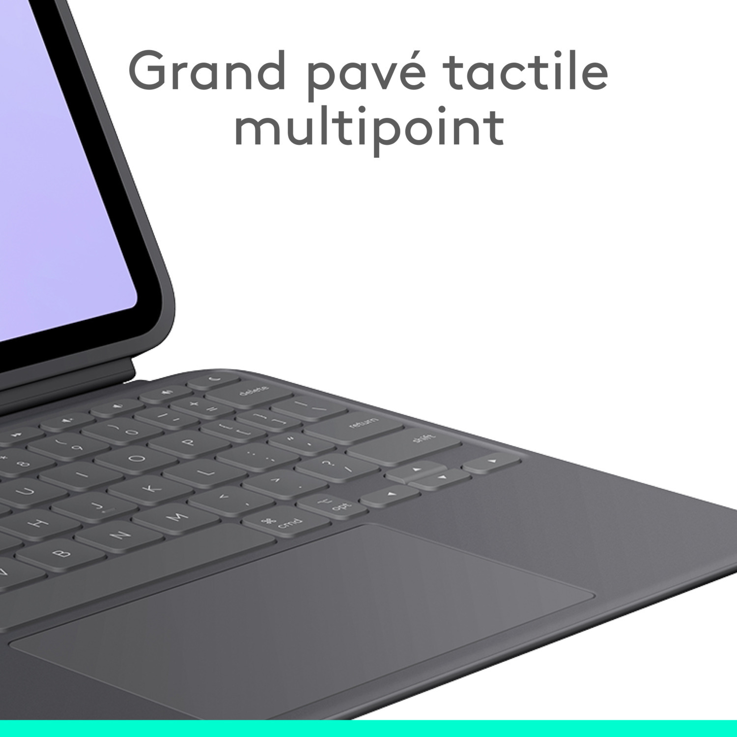 Gros plan sur un clavier avec un pavé tactile intitulé 'Grand pavé tactile multipoint'.