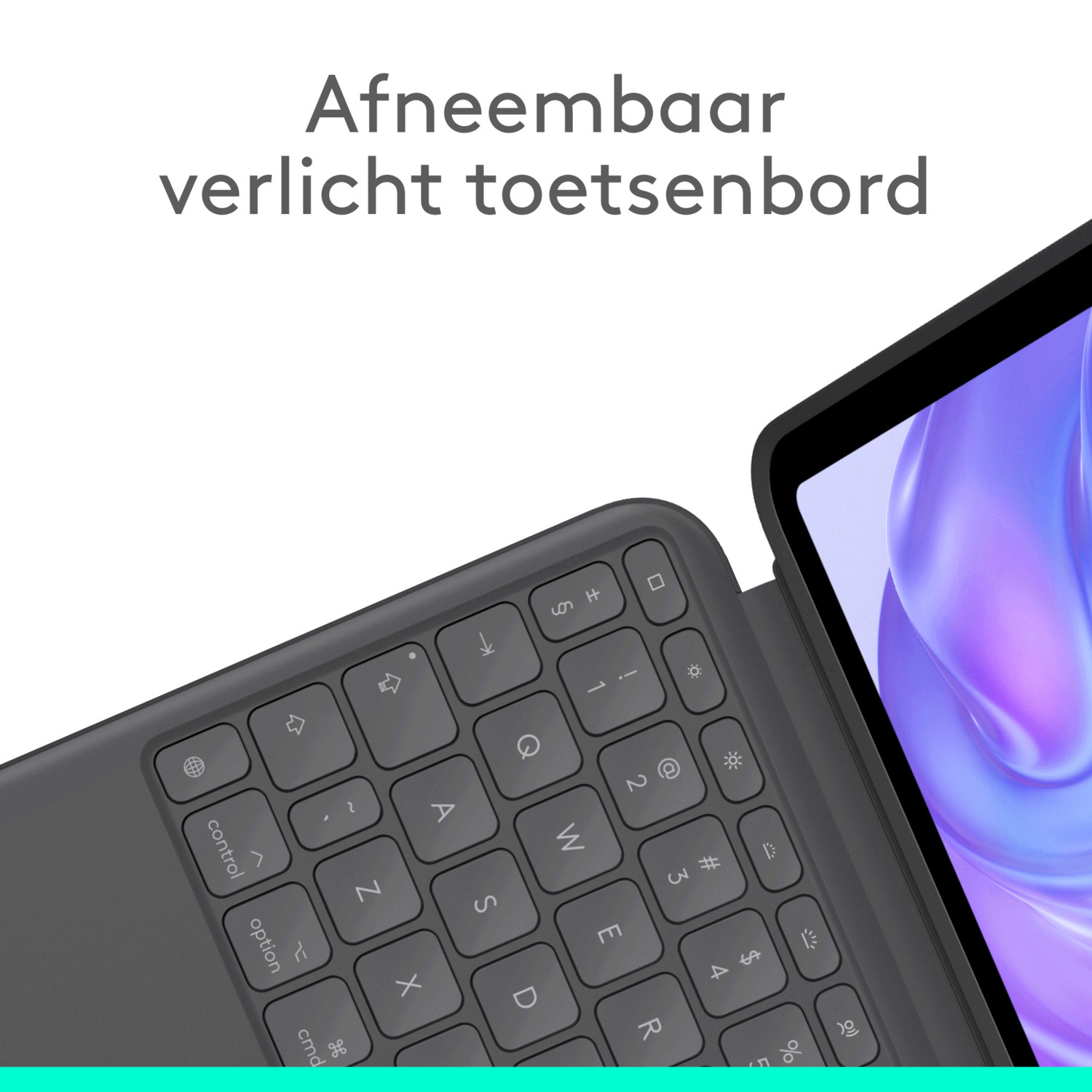 Een toetsenbord wordt van dichtbij getoond, met toetsen en een tabletscherm. Tekst zegt 'Afneembaar verlicht toetsenbord'.