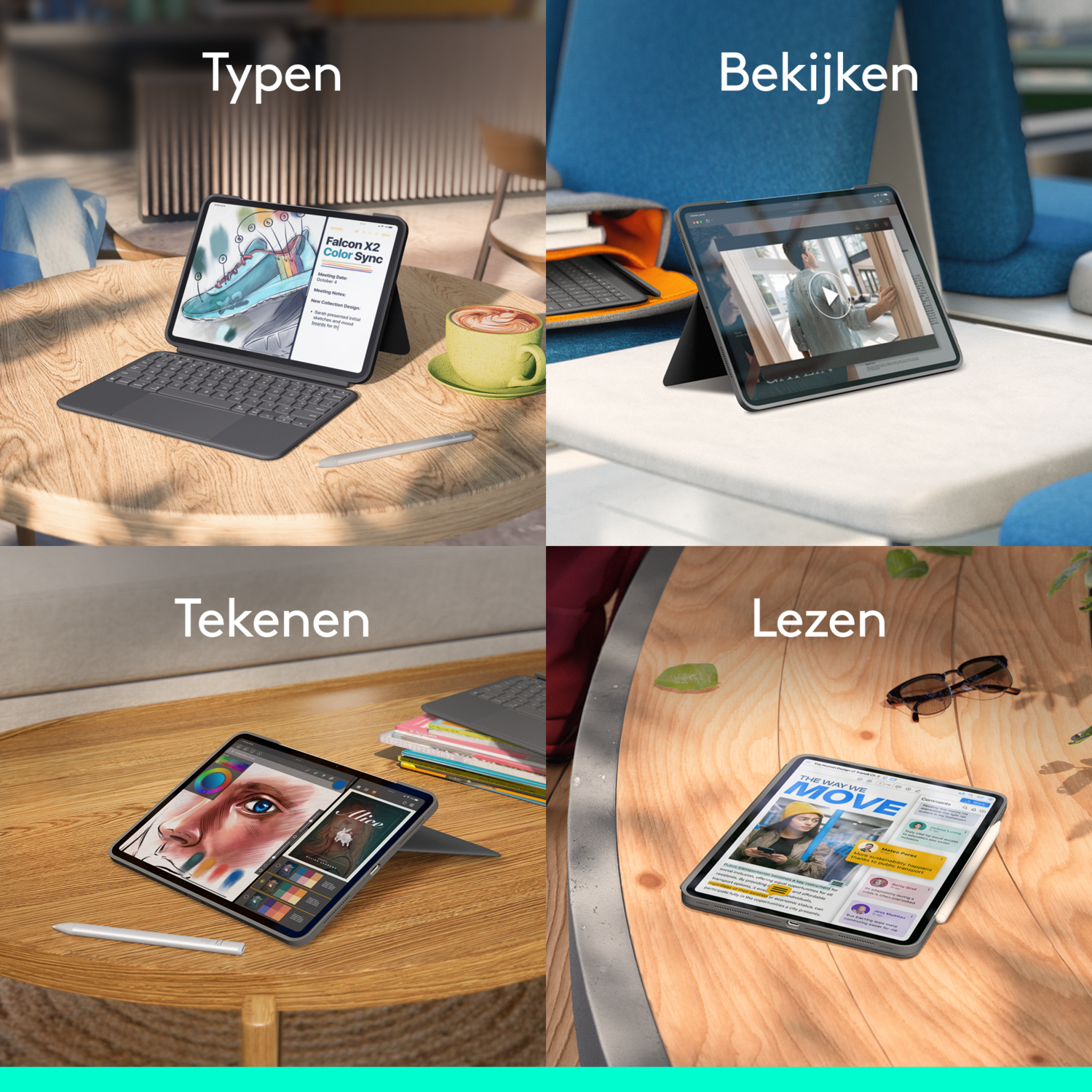 Vier afbeeldingen van een tablet in gebruik: typen, bekijken, tekenen en lezen. Tablets staan op verschillende oppervlakken.