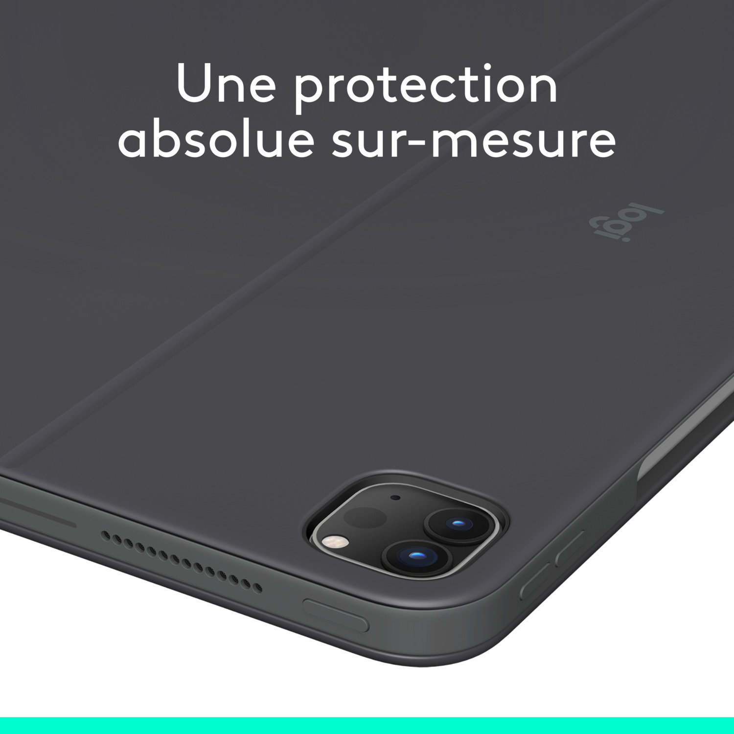Étui iPad gris foncé avec un couvercle ouvert, montrant la caméra et le texte "Une protection absolue sur-mesure".