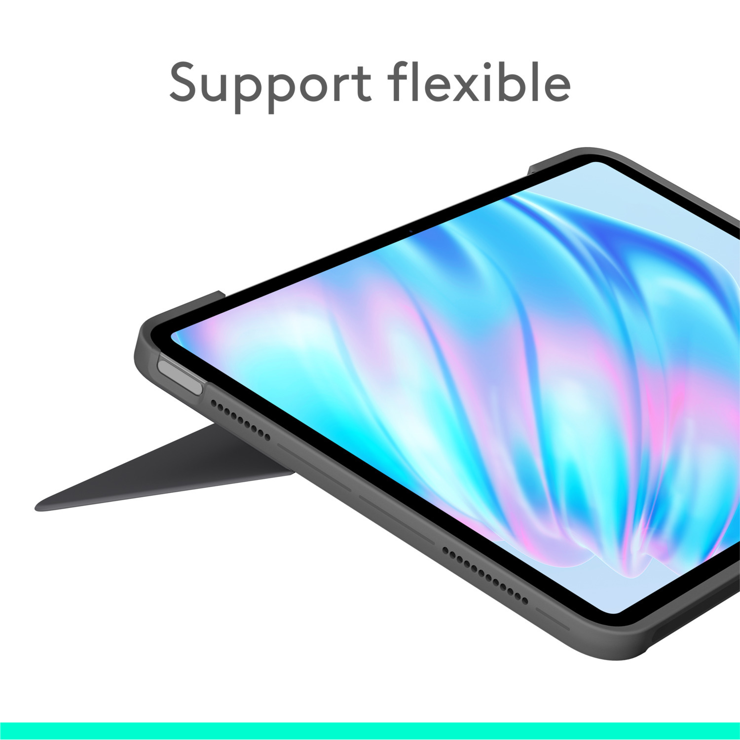 Gros plan d'une tablette dans un étui gris foncé avec un support. Le texte dit 'Support flexible'.