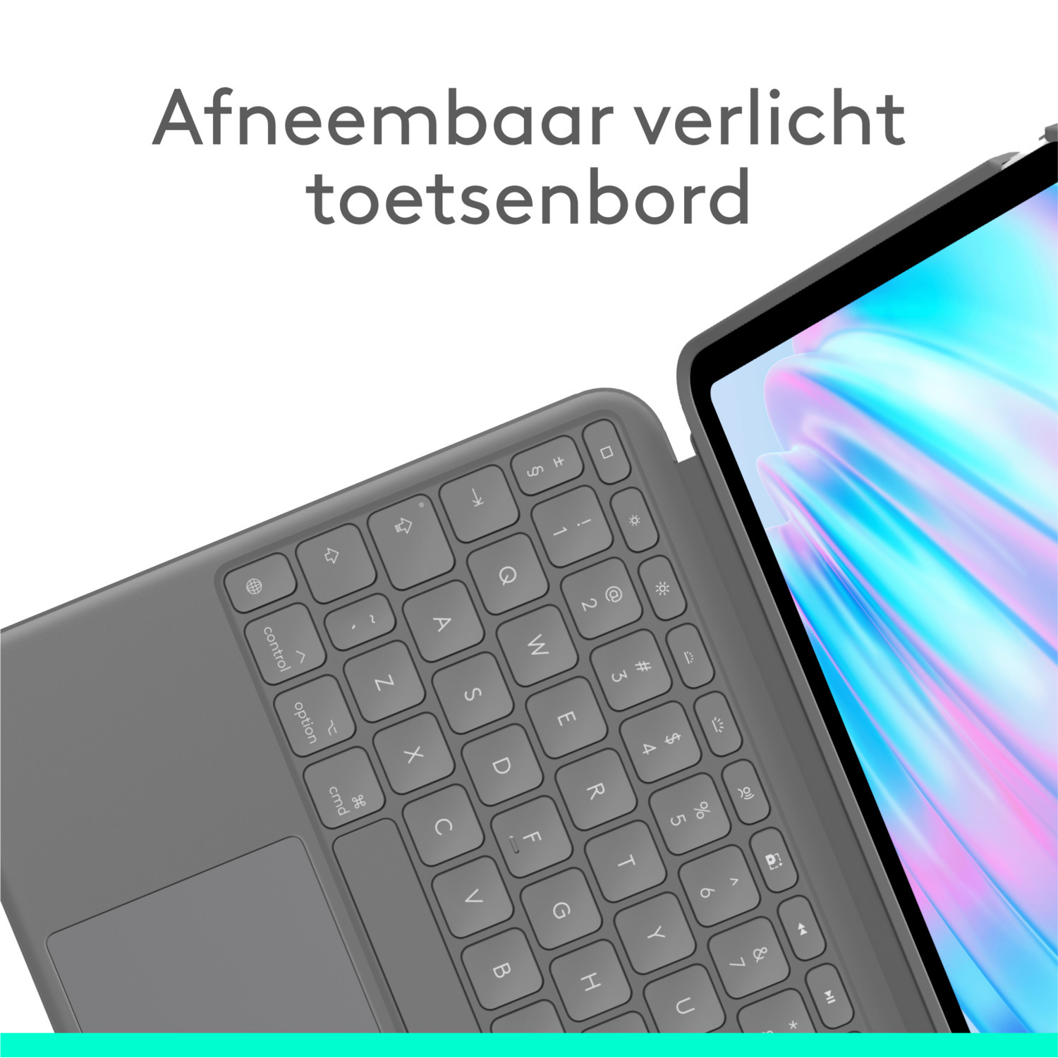 Gray keyboard with a tablet, the text 'Detachable illuminated keyboard' is above the keyboard.