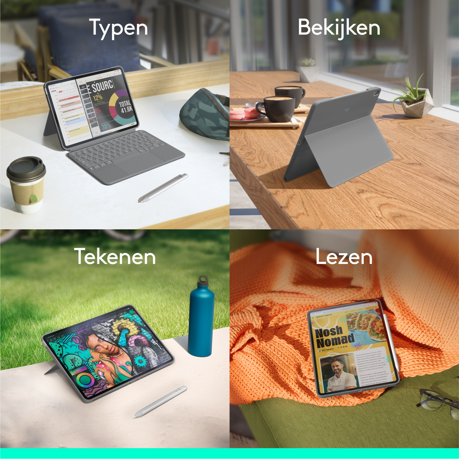 Four images showing a tablet with keyboard, and accessories, in different settings.
