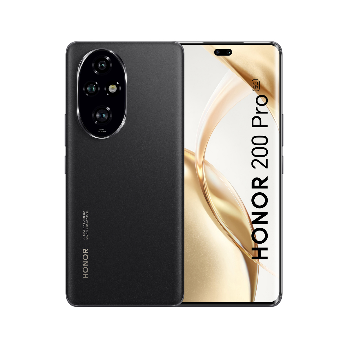 Schwarzes Smartphone, Rückseite mit Kameraeinheit und Bildschirm mit Telefonnamen.