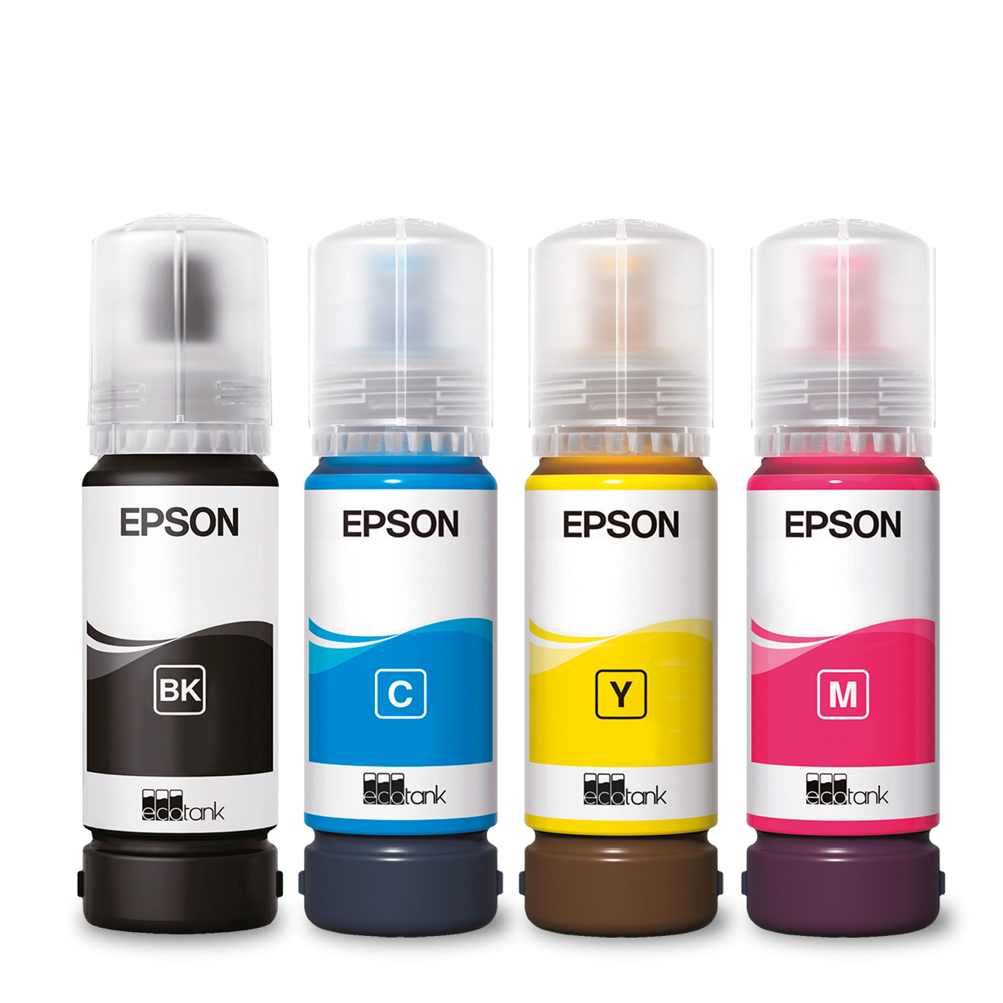 Vier Epson Tintenflaschen, beschriftet mit Schwarz, Cyan, Gelb und Magenta, mit ihren Farben.