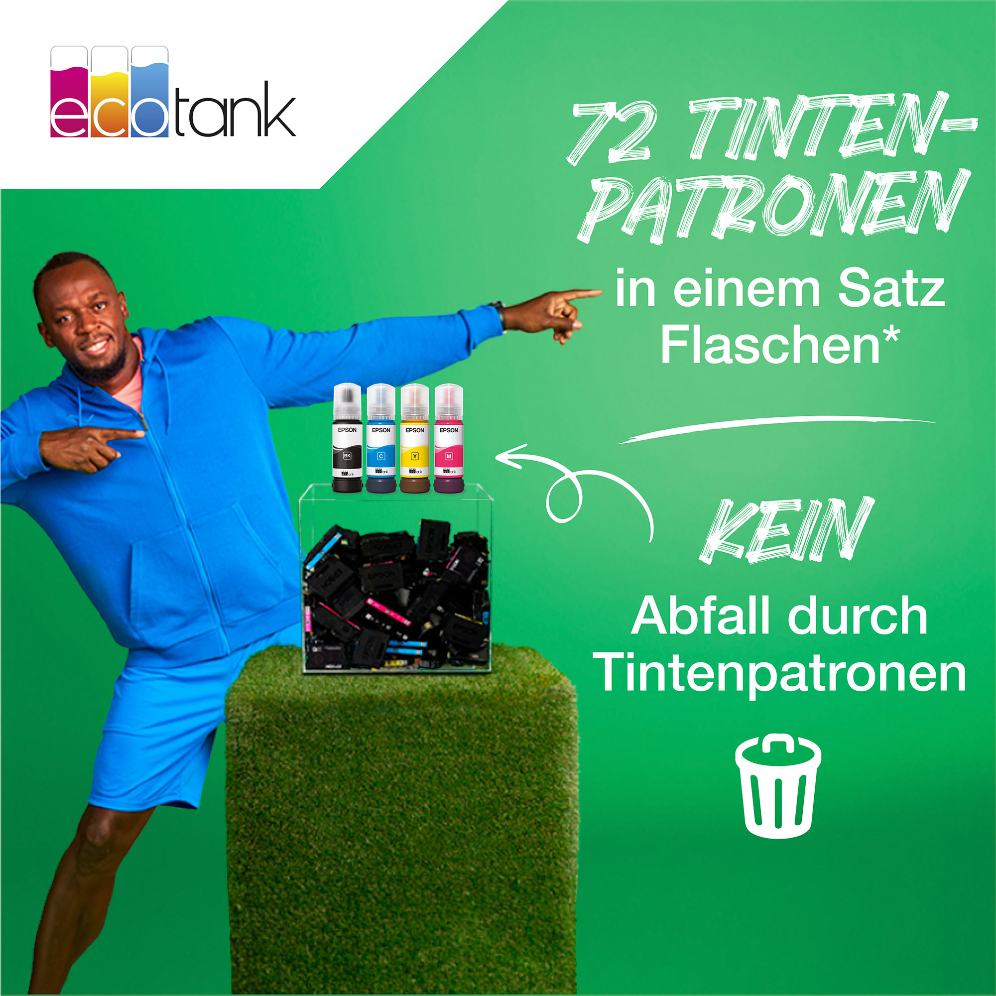 Ein Mann zeigt auf eine transparente Box mit Tintenpatronen. Text sagt 72 Tintenpatronen und kein Abfall.