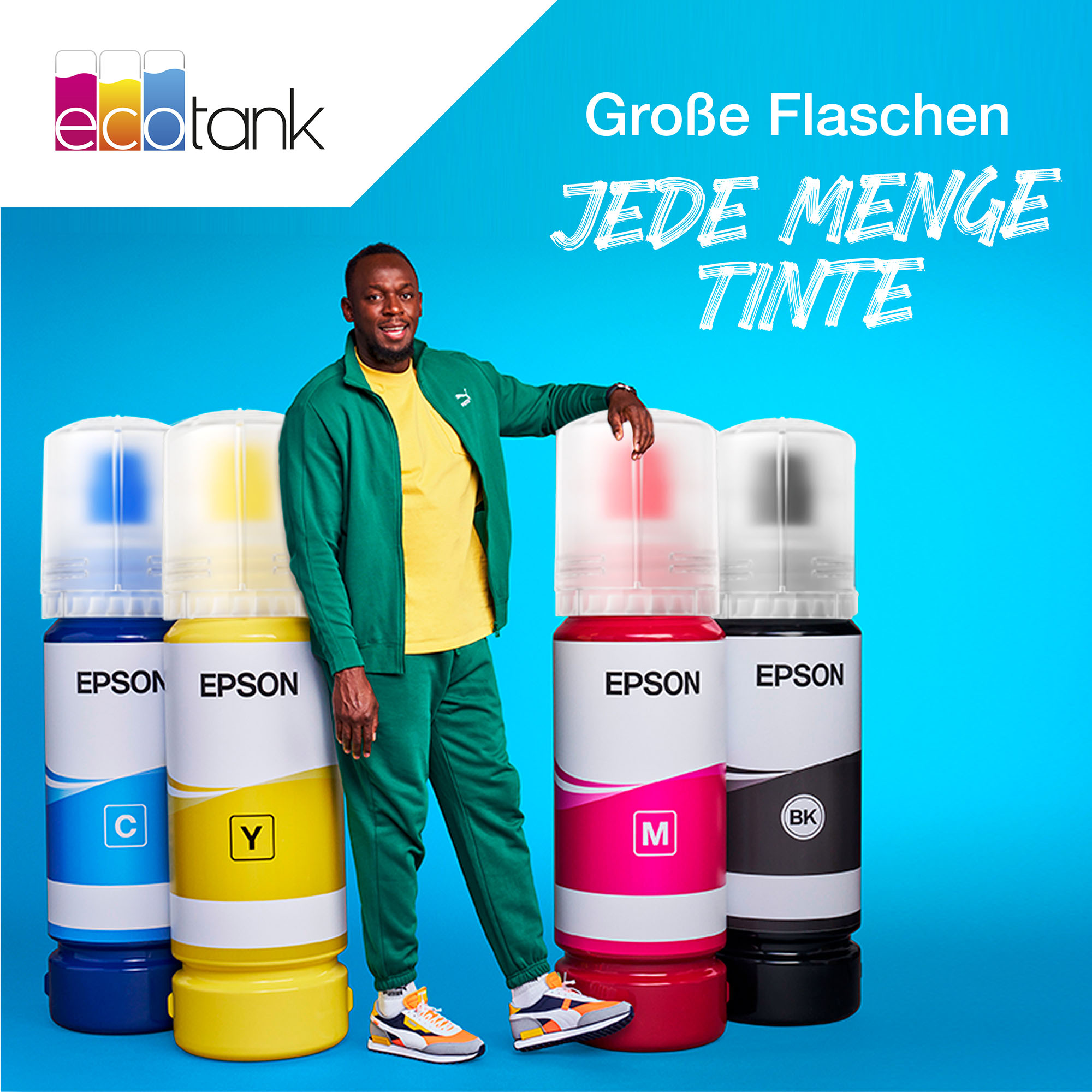 Epson Ecotank-Flaschen mit Usain Bolt, wirbt für 'Jede Menge Tinte'.