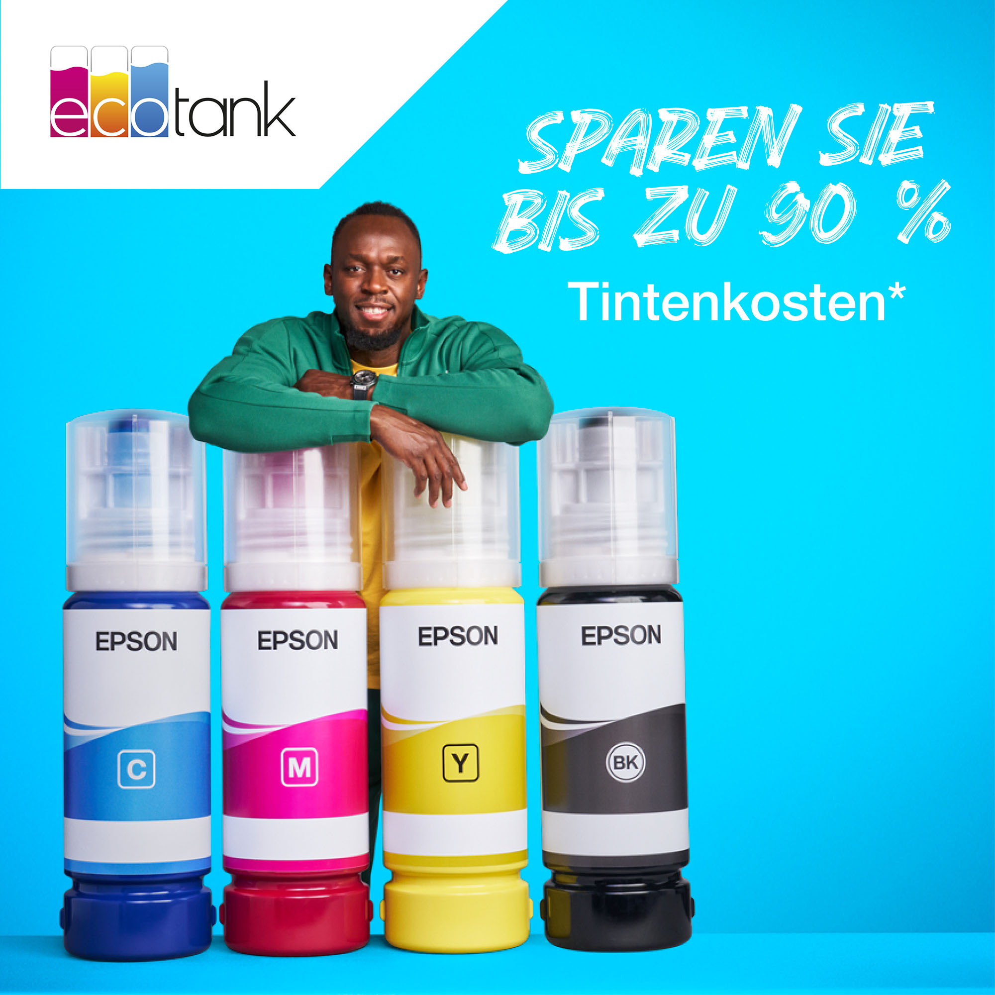 Mann mit Tintenflaschen. Text: "Bis zu 90% auf Tintenkosten sparen."