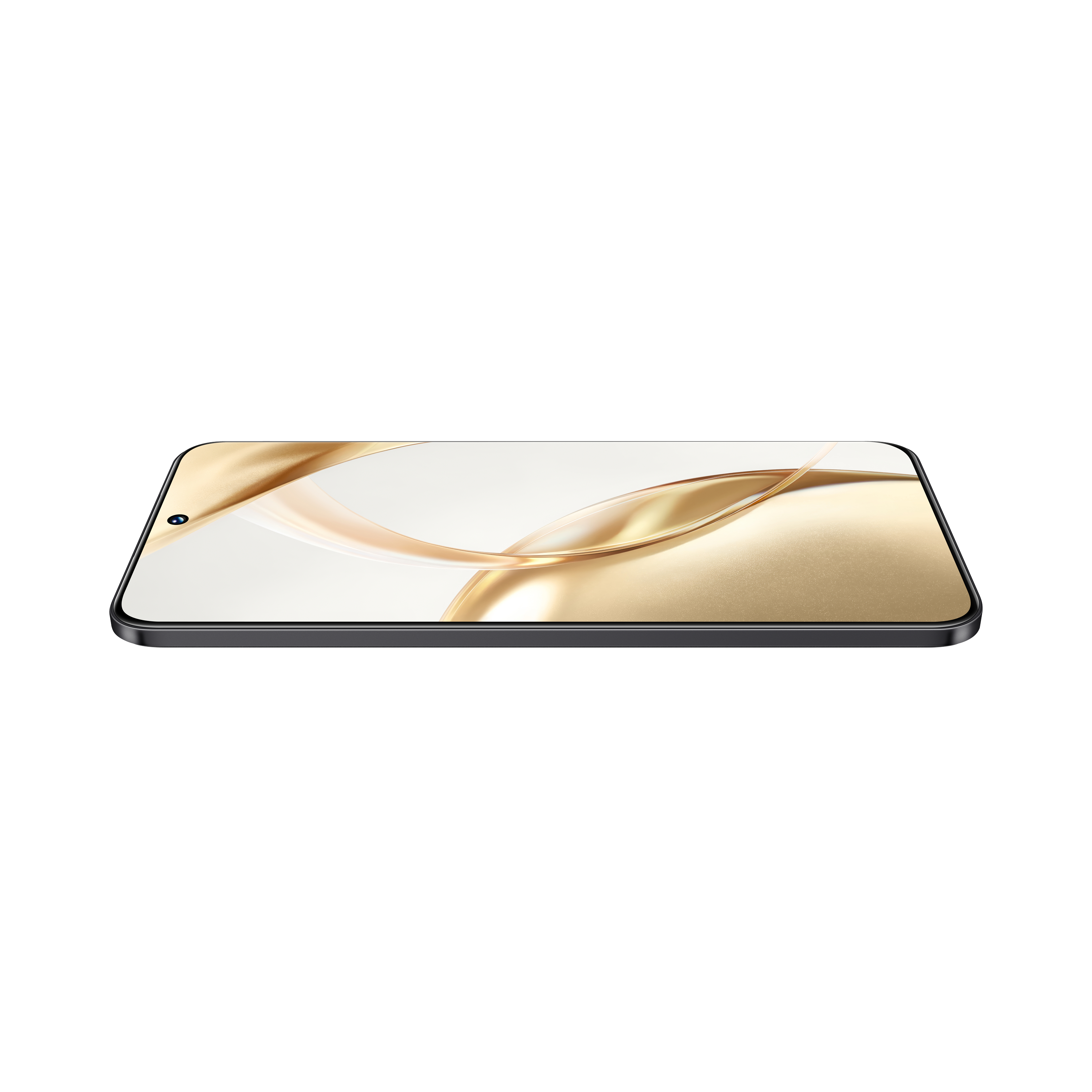 Ein schwarzes Smartphone mit goldfarbenem Farbverlauf-Display, aus einem Winkel betrachtet, isoliert auf Weiß.