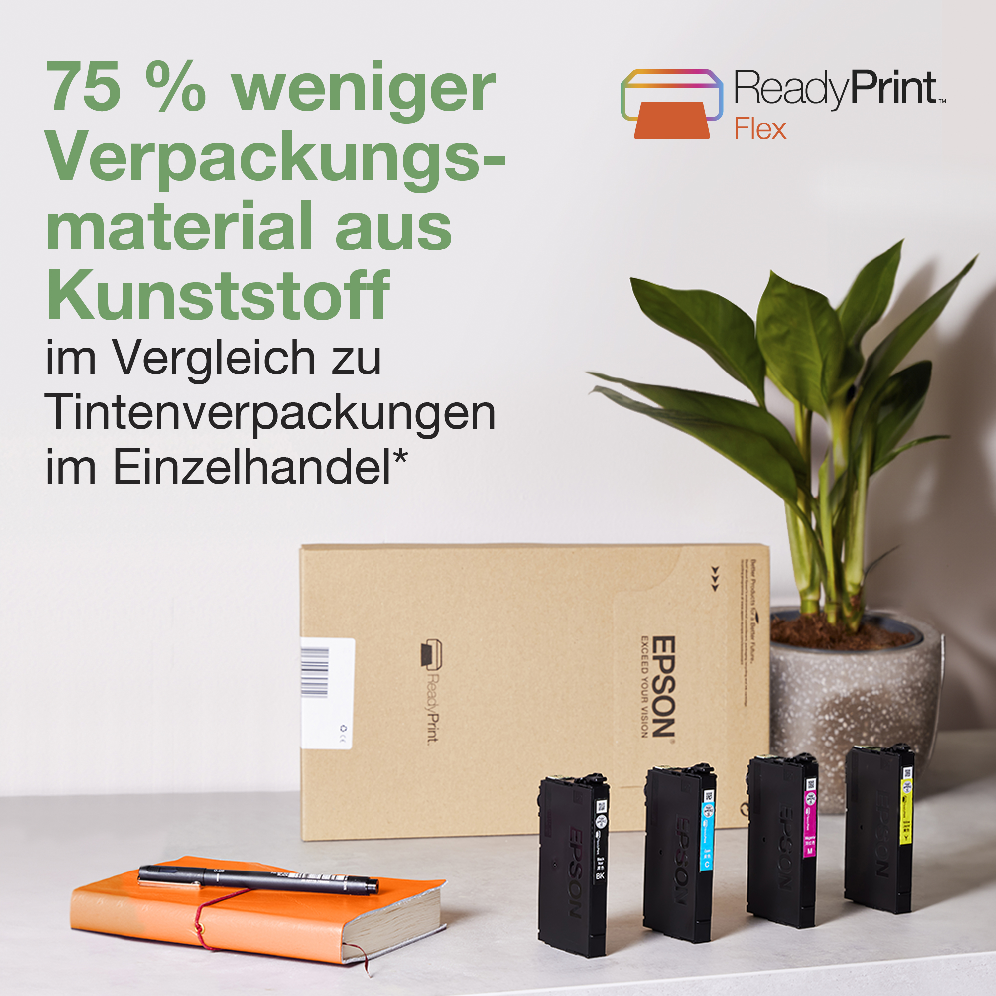 Das Bild zeigt Tintenpatronen, ein Notizbuch und eine Pflanze. Text erwähnt 75 % weniger Verpackungsmaterial.