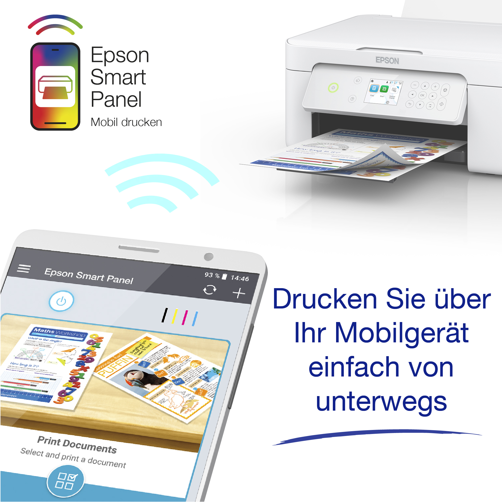 Epson-Drucker, der drahtlos Dokumente von einem Telefon druckt, mit Smart Panel App-Oberfläche.