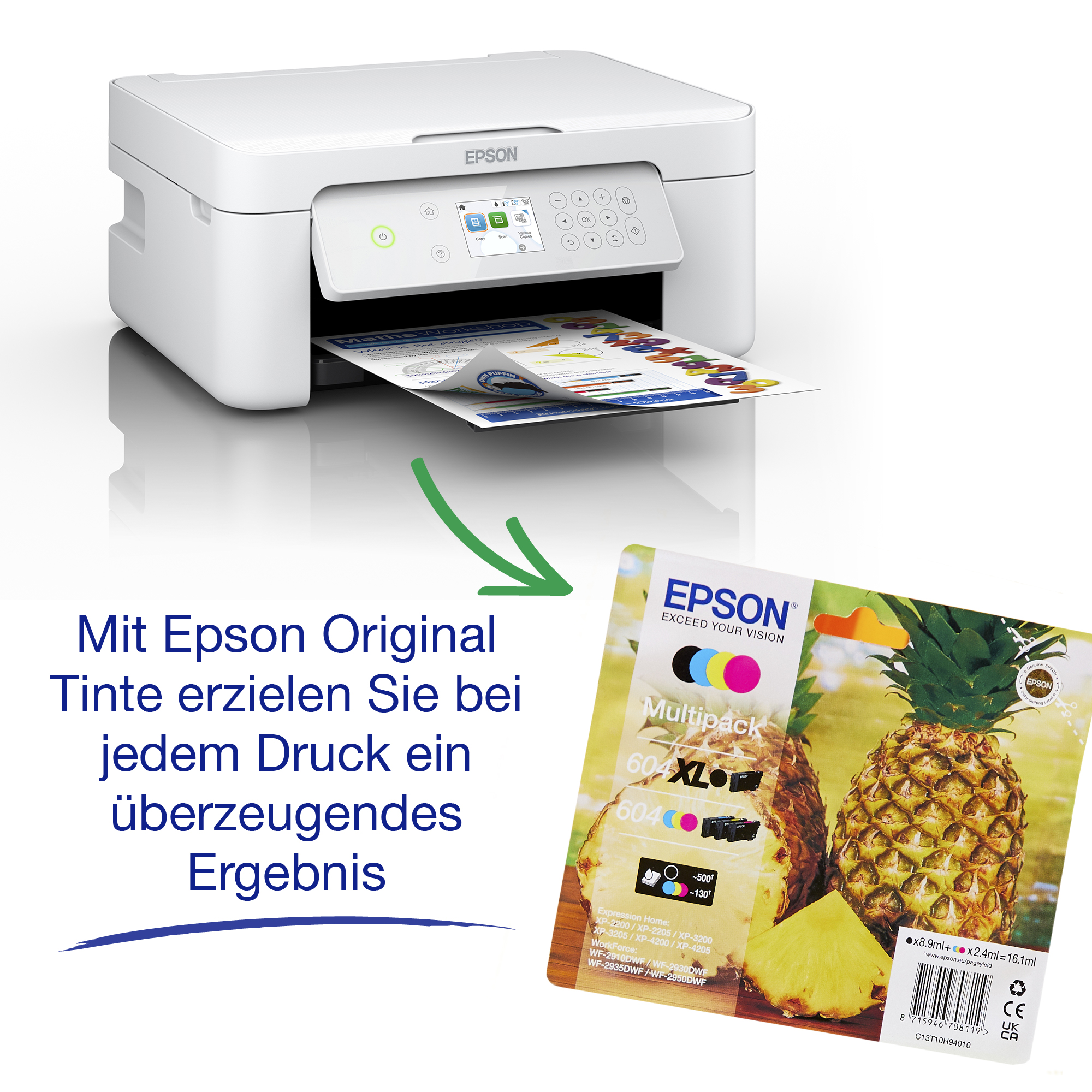 Epson-Drucker druckt farbige Seite, neben Epson-Tintenpatronen.