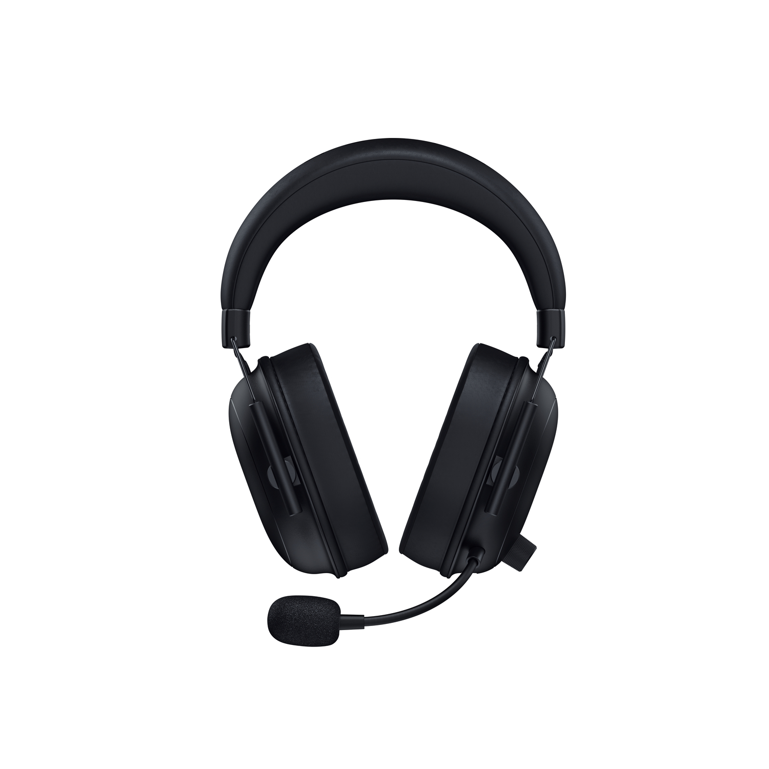 Black headset with a microphone, visible from the front, set against a white background.