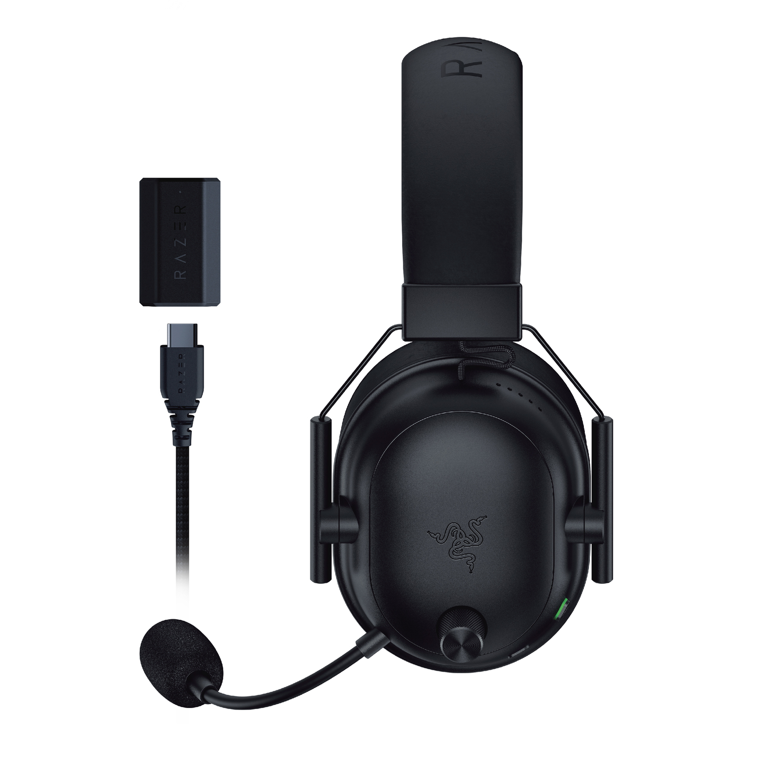 Black Razer gaming headset with microphone and USB dongle.