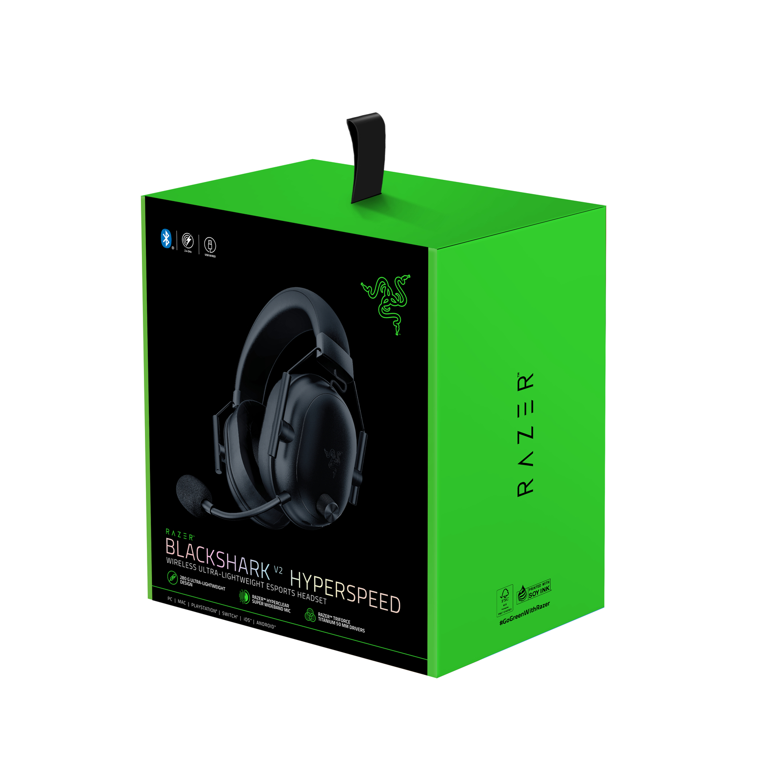 Green Razer Blackshark V2 Hyperspeed headset box. The box has the Razer logo and product details.