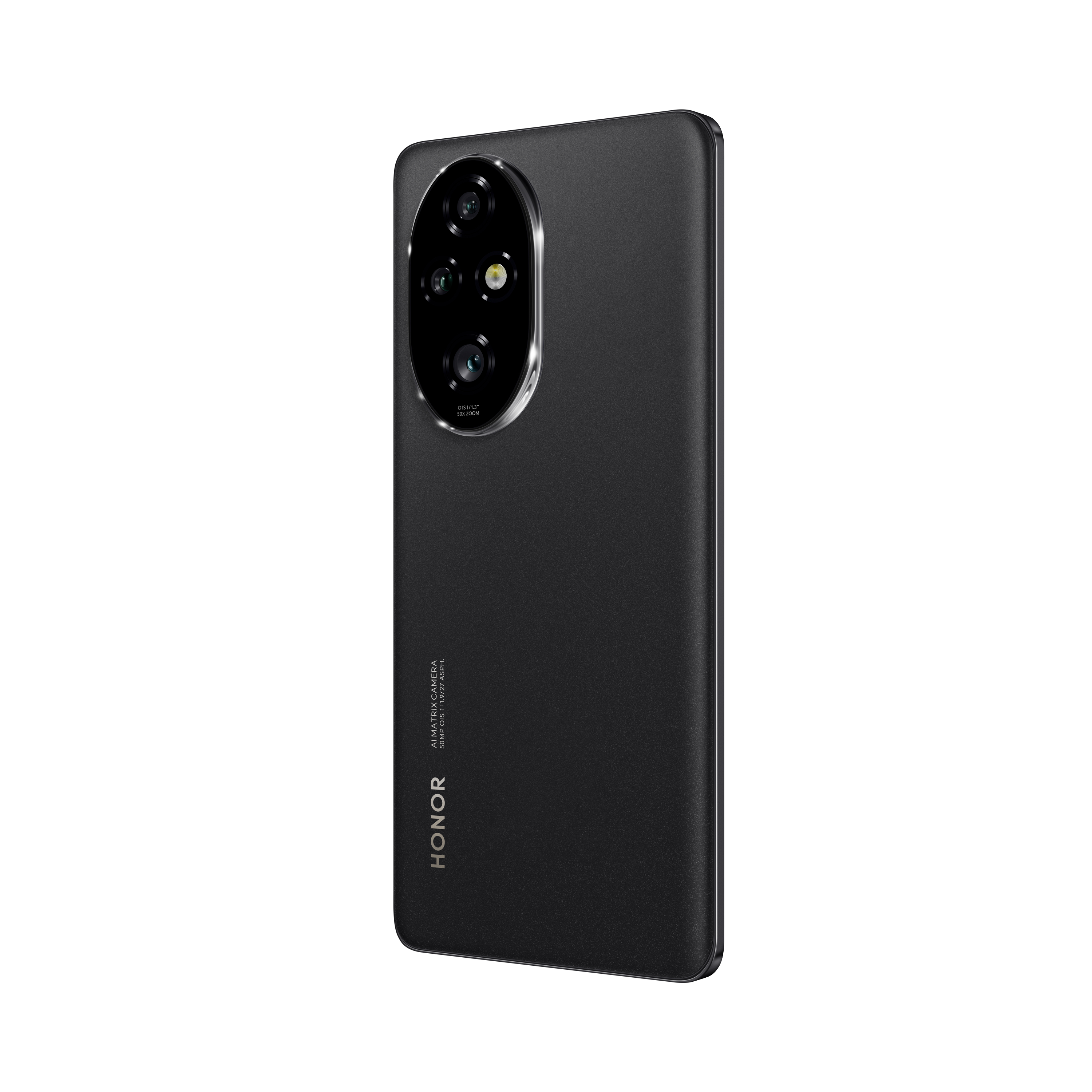 Schwarzes Telefon auf weißer Oberfläche. Die Rückseite des Telefons ist sichtbar. Eine Mehrfachkamera ist zu sehen.