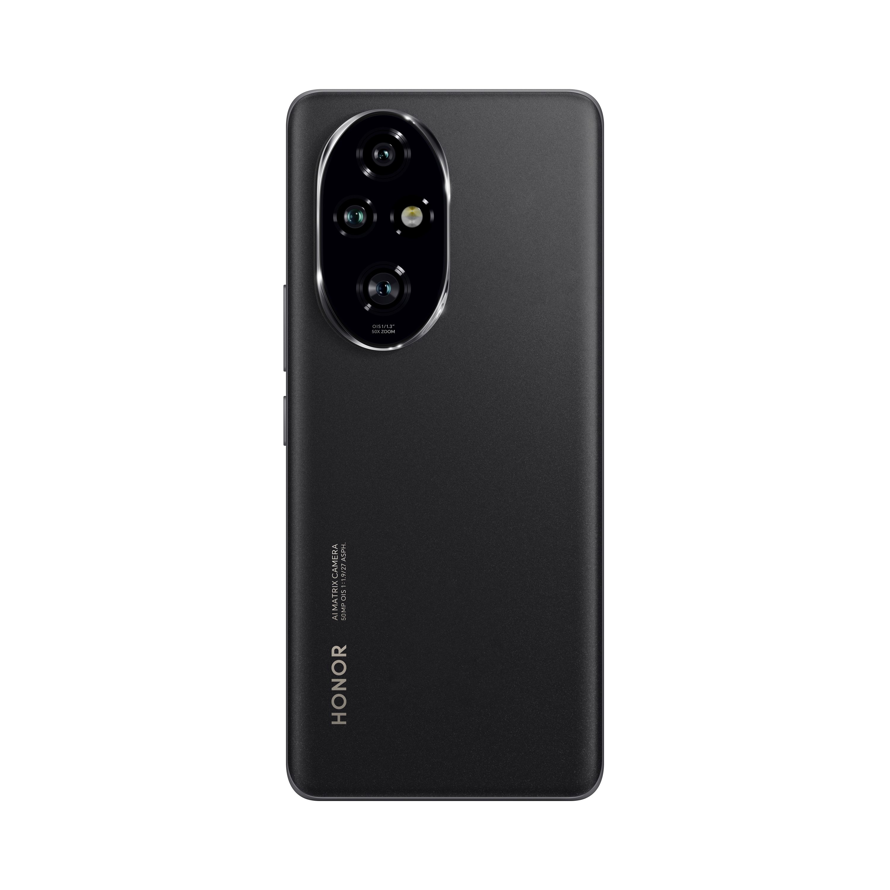 Rückansicht eines schwarzen Smartphones mit Dreifachkamera und HONOR-Logo.