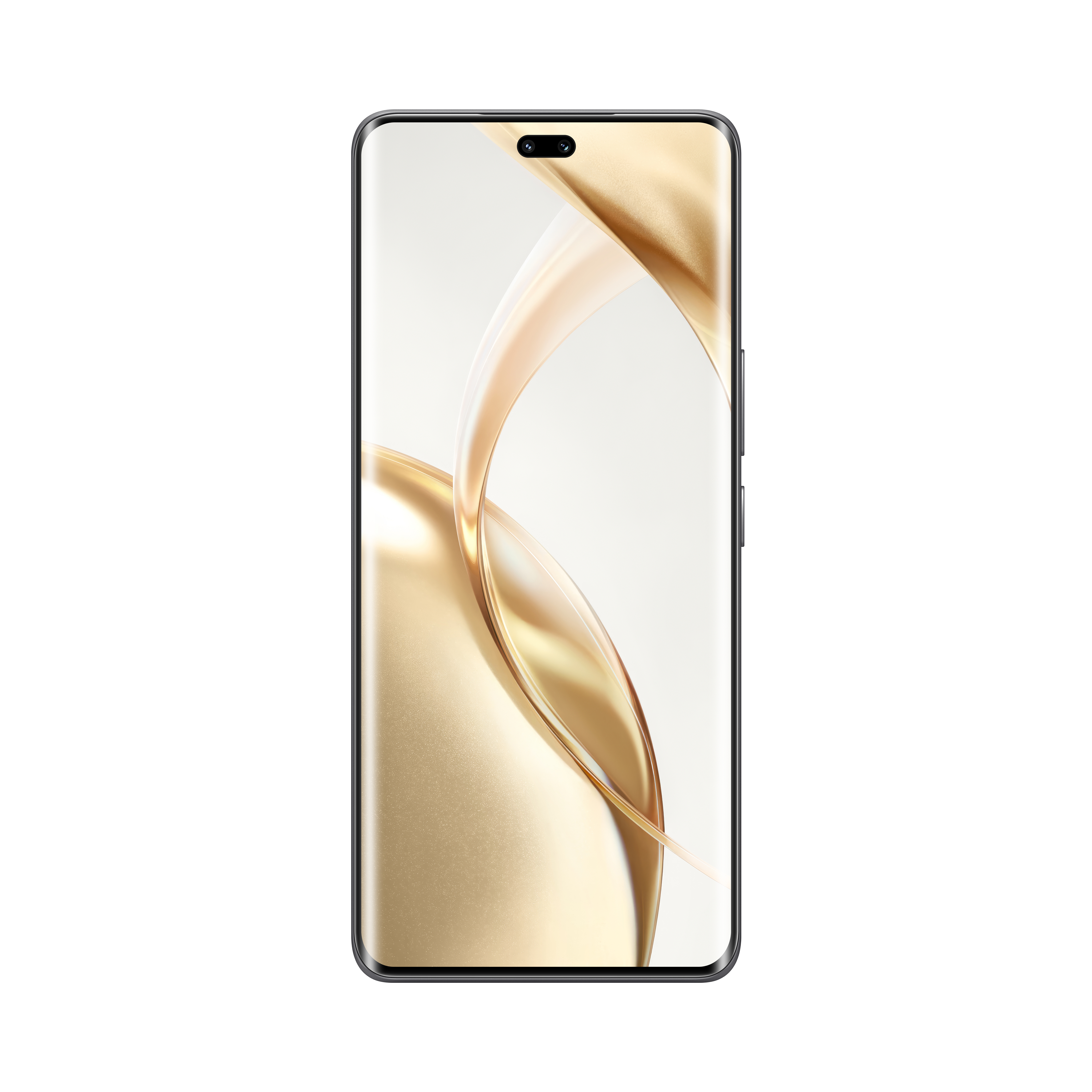 Ein Smartphone mit gebogenem Bildschirm. Es hat eine Frontkamera und ein goldfarbenes Muster.