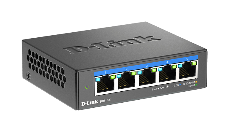 Ein schwarzer D-Link DMS-105 Switch mit fünf Anschlüssen. Vorderansicht mit Beschriftungen und Lichtern.