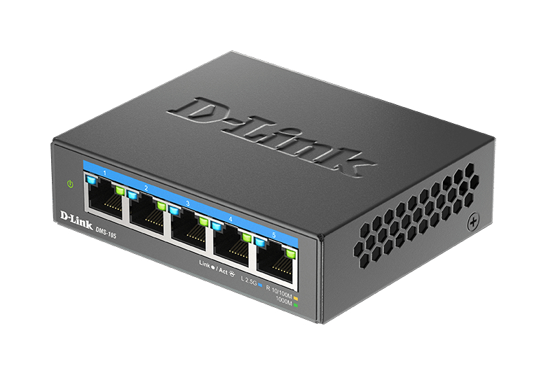 Schwarzer D-Link Netzwerk-Switch. Er hat Anschlüsse und ein Wabenmuster.