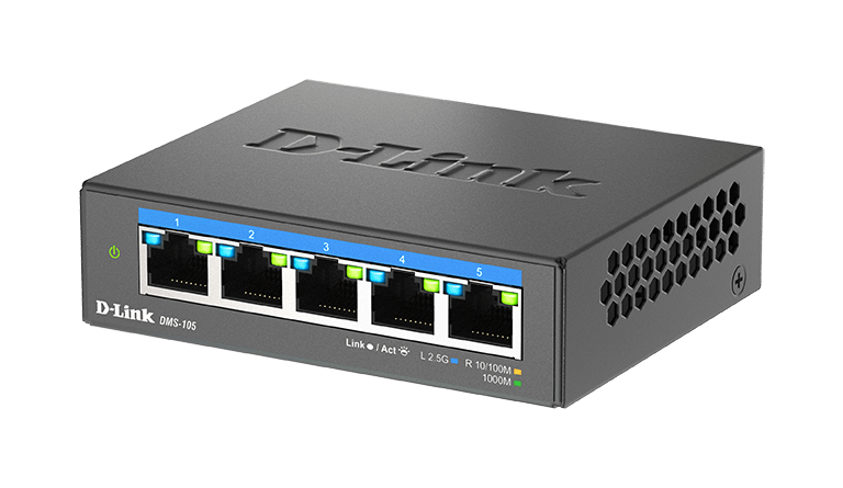 Ein schwarzer D-Link DMS-105 Switch mit fünf Anschlüssen, jeweils mit Kontrollleuchten, isoliert auf Weiß.