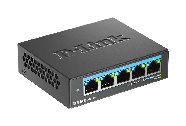 Ein schwarzer D-Link DMS-105 Netzwerk-Switch mit fünf Ports und grünen Lichtern.