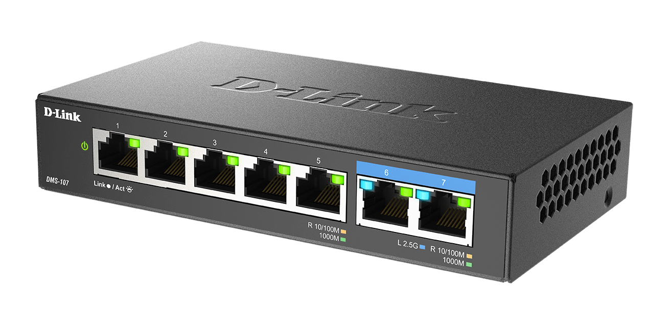Ein schwarzer D-Link DMS-107 Netzwerk-Switch mit sieben Anschlüssen und LEDs.