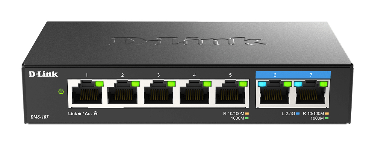 Ein schwarzer D-Link-Netzwerk-Switch mit Anschlüssen, nummeriert von 1 bis 7, mit Indikatoren.