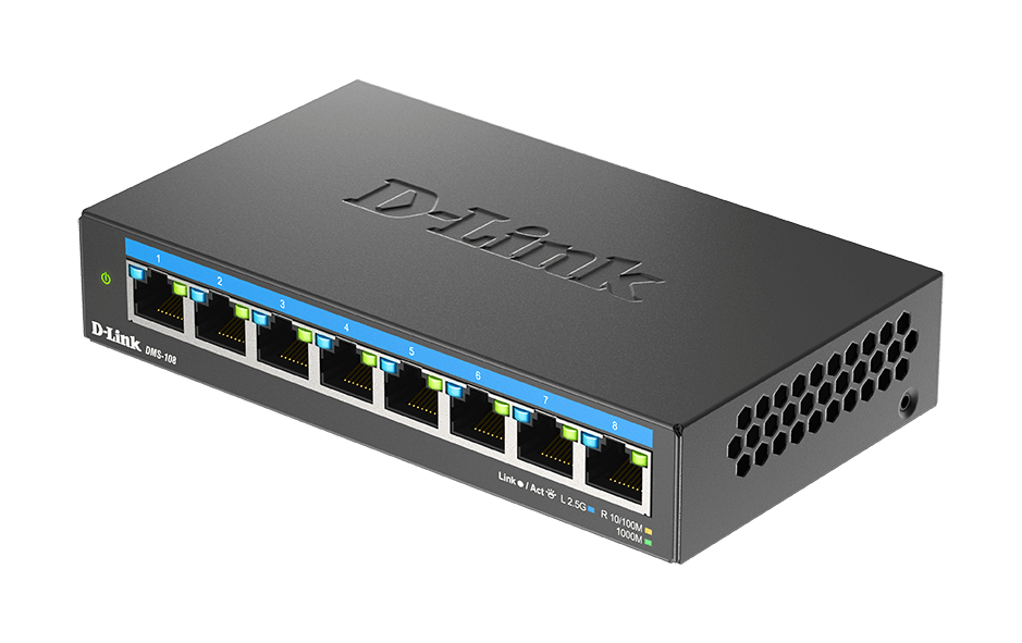 Ein schwarzer D-Link Netzwerk-Switch hat acht Ports mit Lichtern und einen Power-Button.