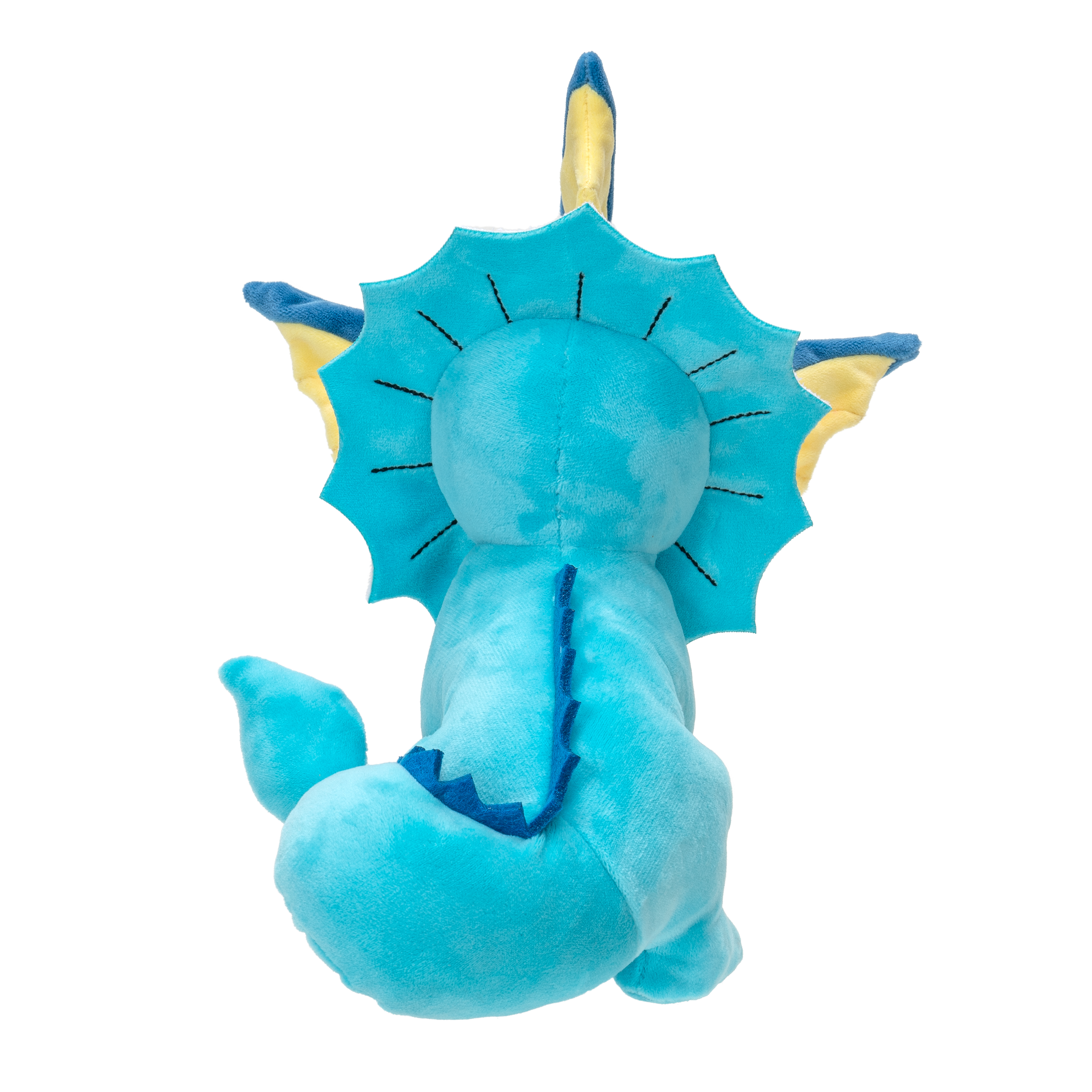 Blaues Plüschtier eines Vaporeon-Pokémon, Rückansicht. Es hat Flossen und einen stacheligen Kragen.