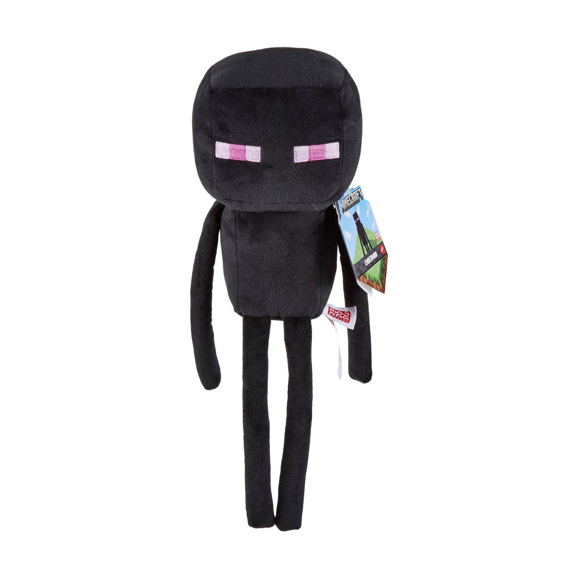 Schwarzes Minecraft Enderman-Plüschtier mit rosa Augen und Etikett.