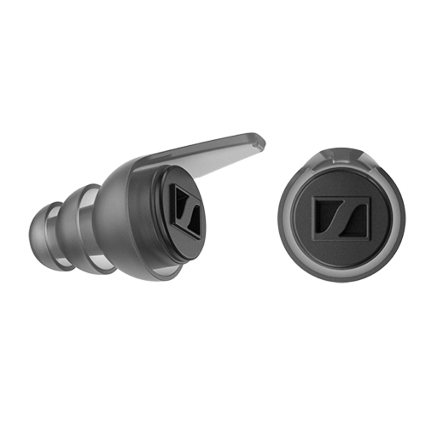 Two gray Sennheiser earbud tips. One shows the Sennheiser logo, the other is on the side.