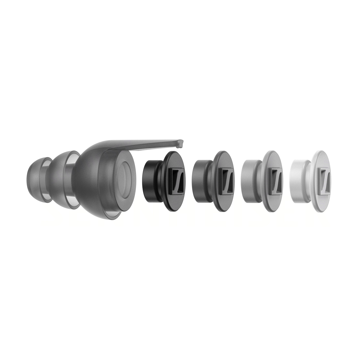 Exploded view of an earbud, showing the different parts of the earphone.
