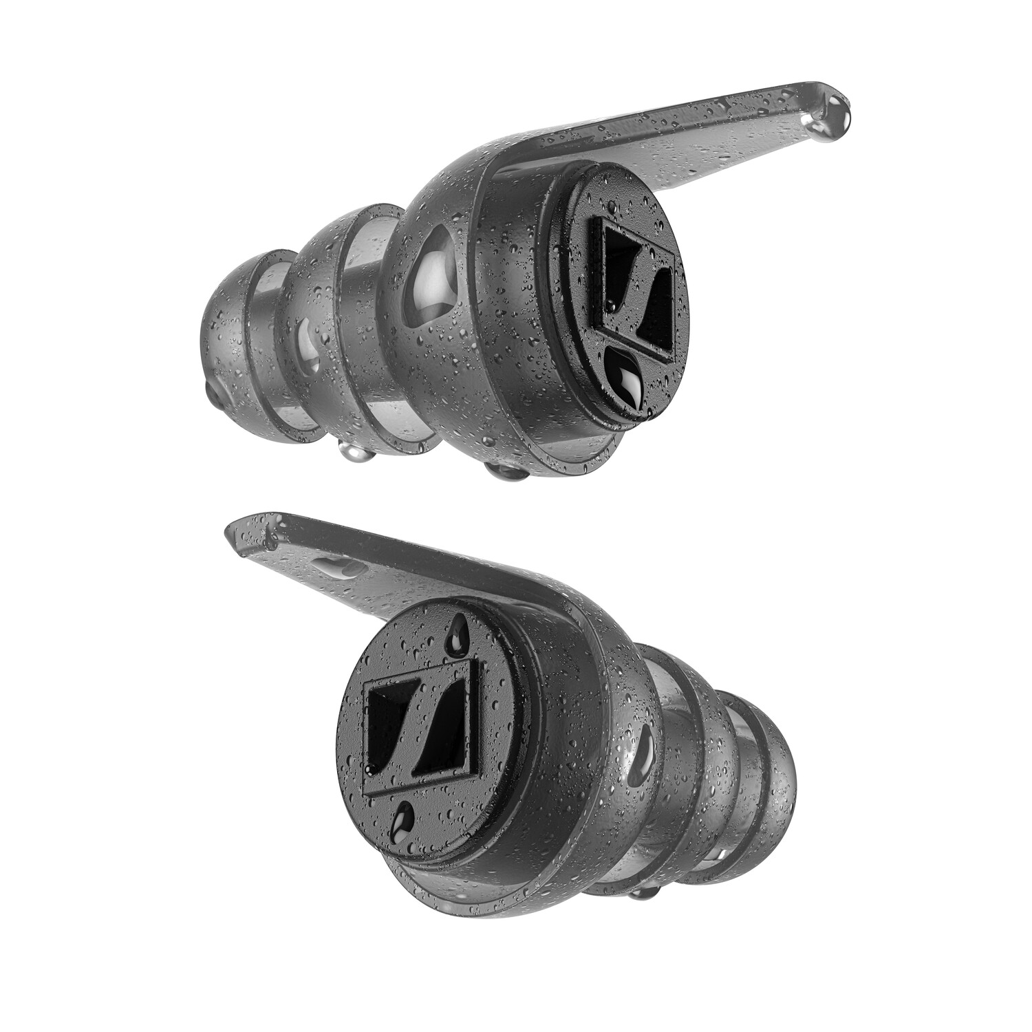 Two black Sennheiser earplugs with water droplets. Close-up, detail of the design.