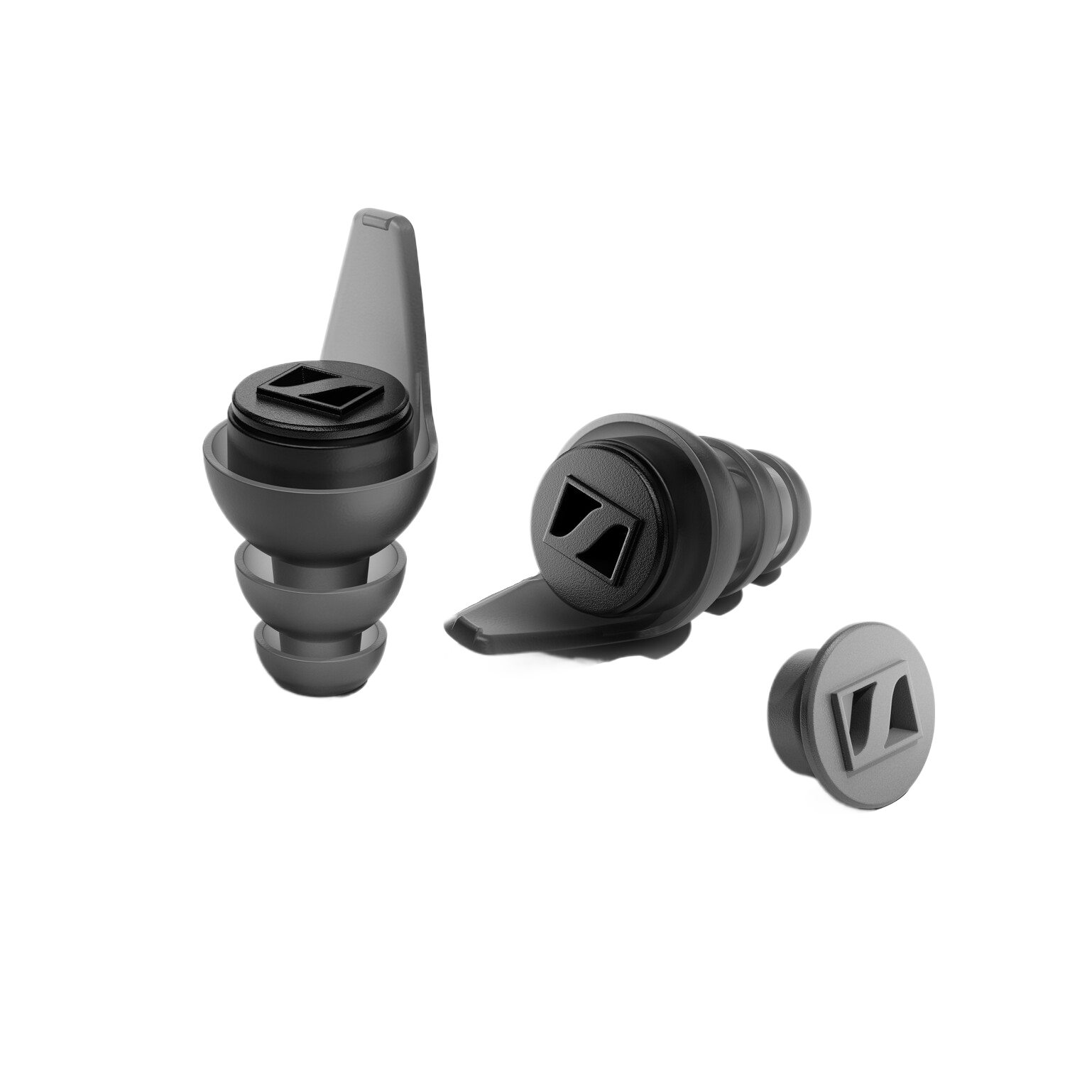 Trois bouchons d'oreille Sennheiser, gris et noirs, avec le logo de la marque visible.