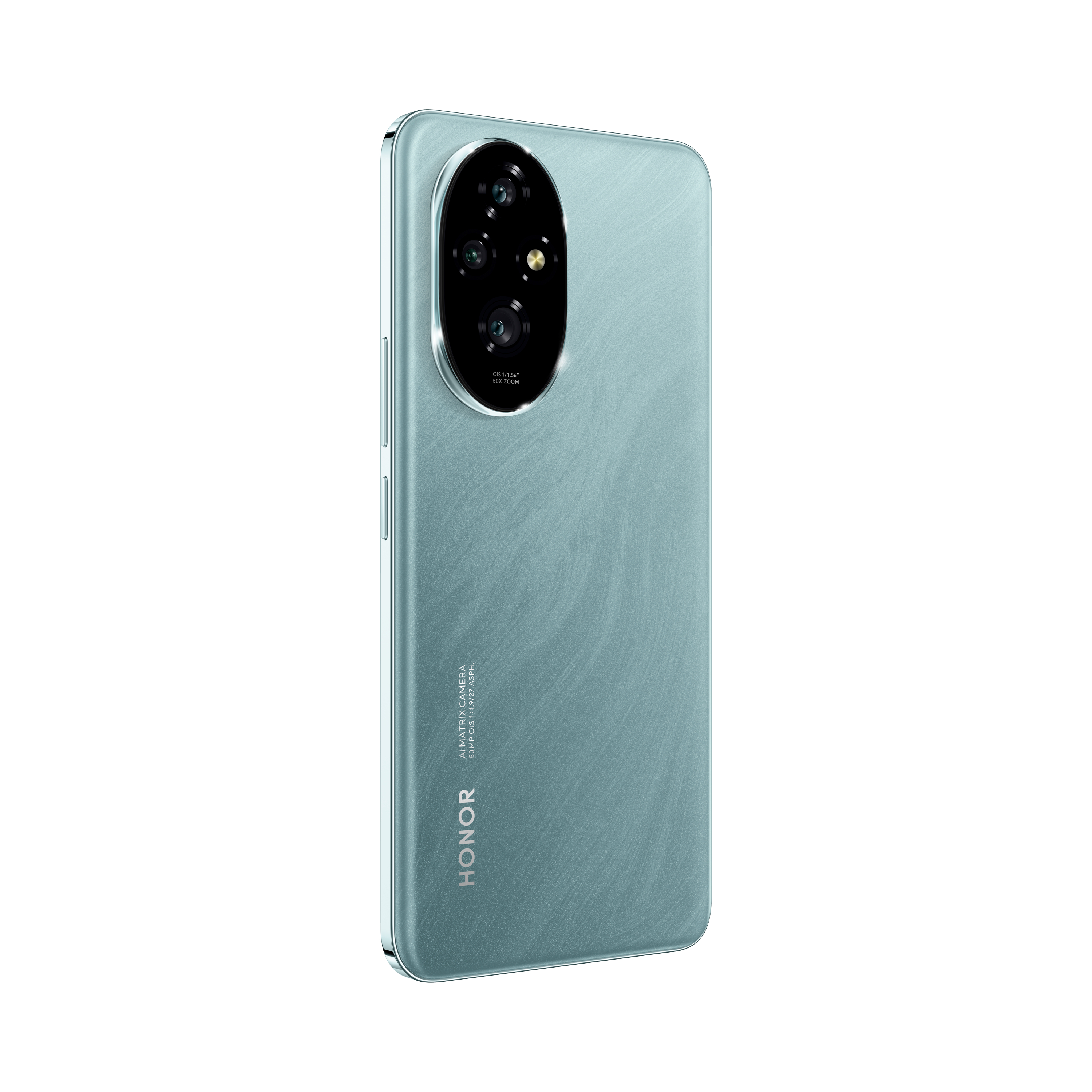 Ein teal-farbenes Honor-Smartphone. Es hat eine Kameraausbuchtung auf der Rückseite mit mehreren Linsen.