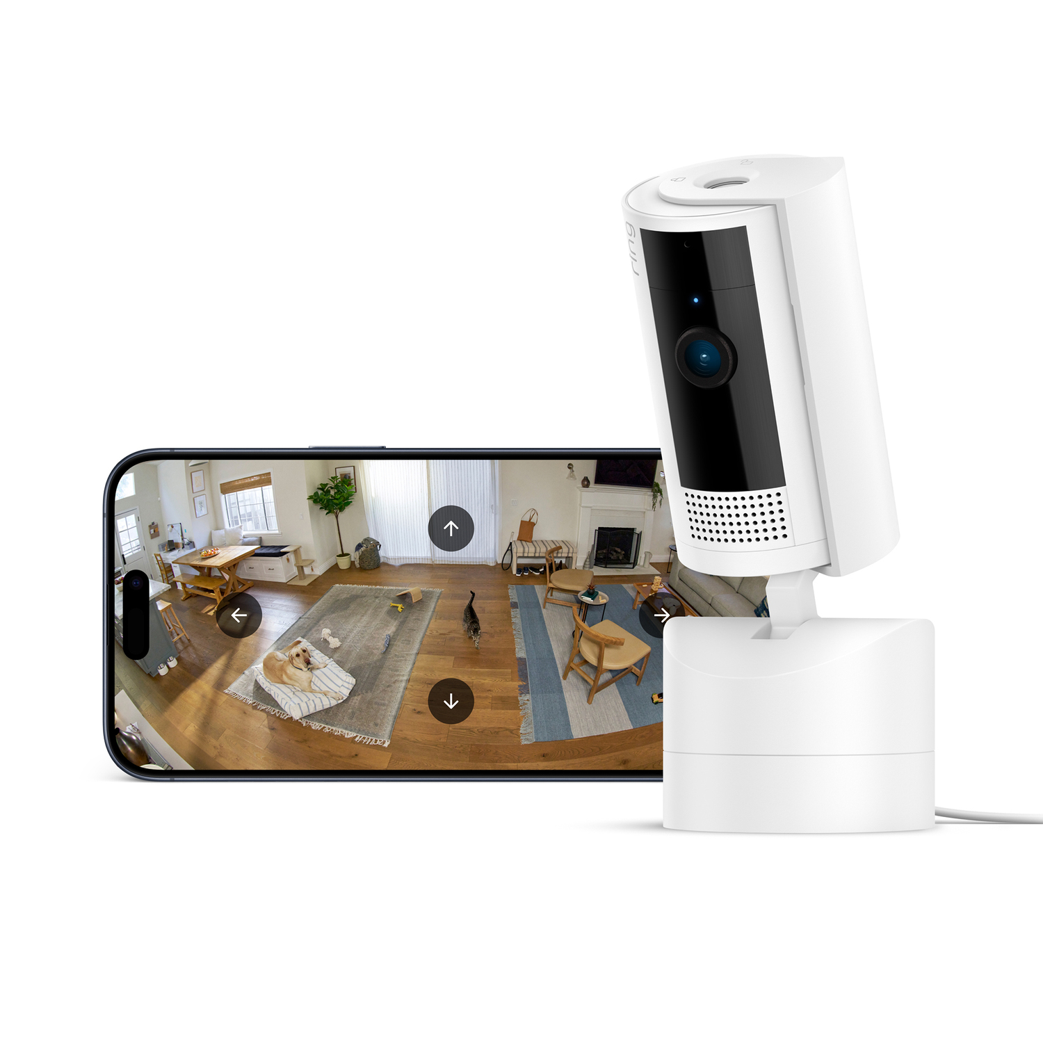A white security camera and a smartphone displaying a home interior with a cat. The camera is angled towards the phone.