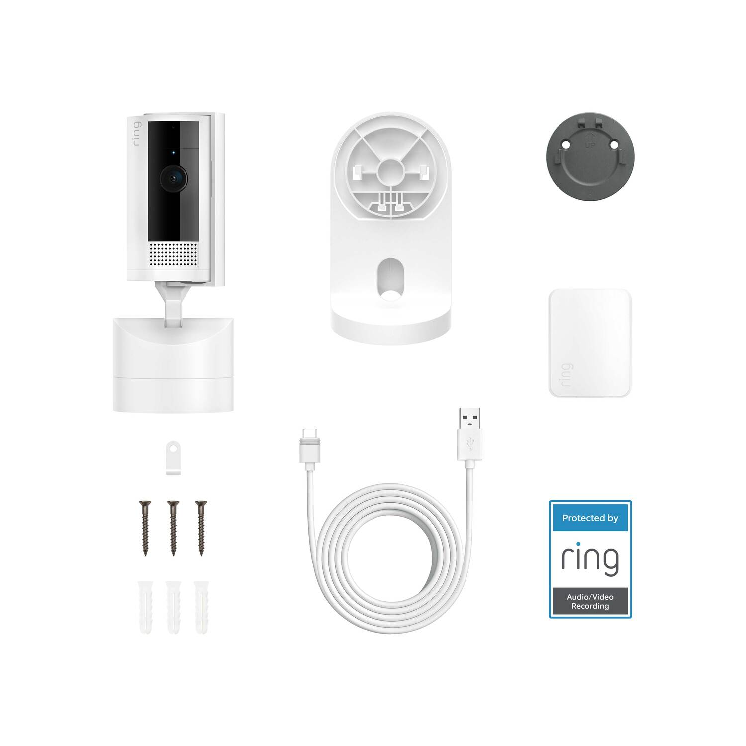 Security camera components: Camera, base, mounting bracket, screws, USB cable, and a ring sticker.