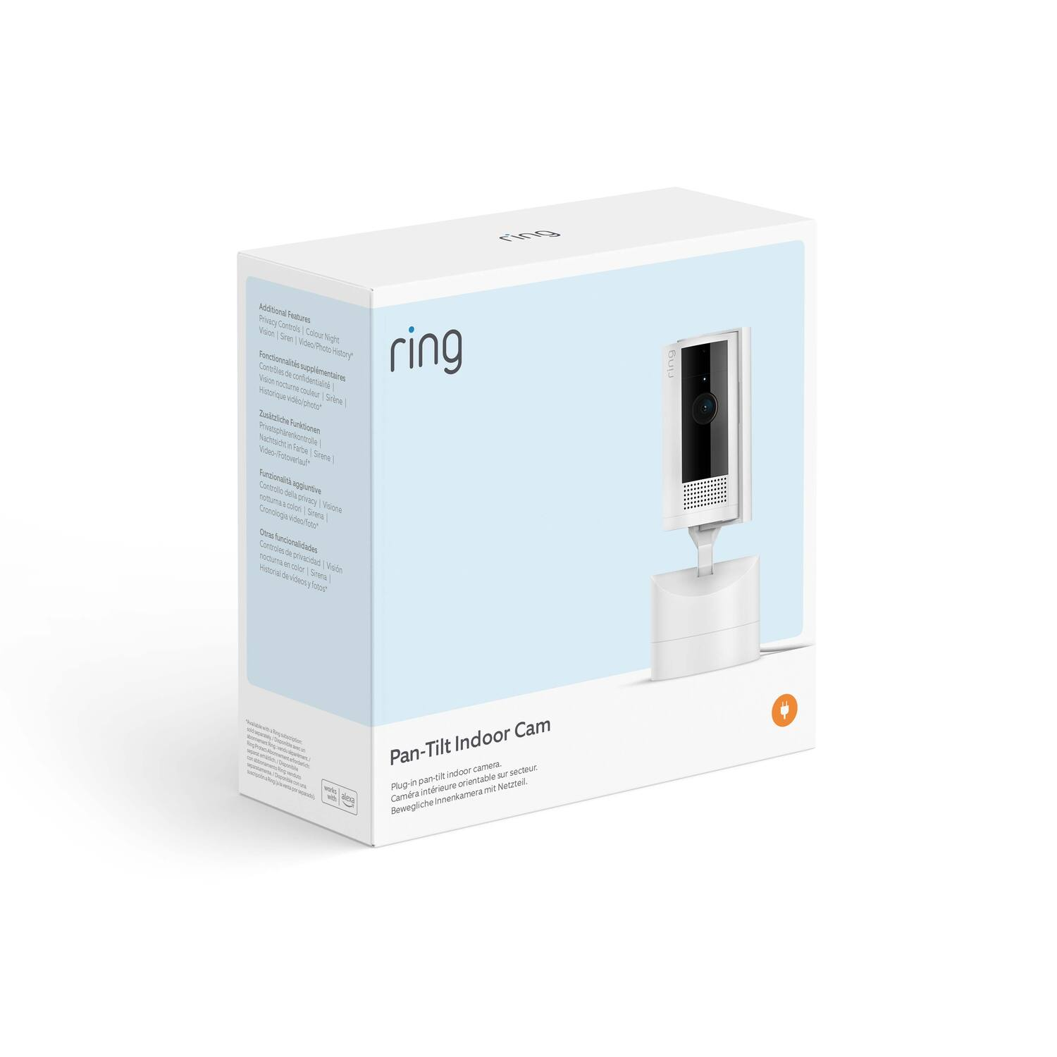 Box for a Ring Pan-Tilt Indoor Cam.  Displays the camera and features.